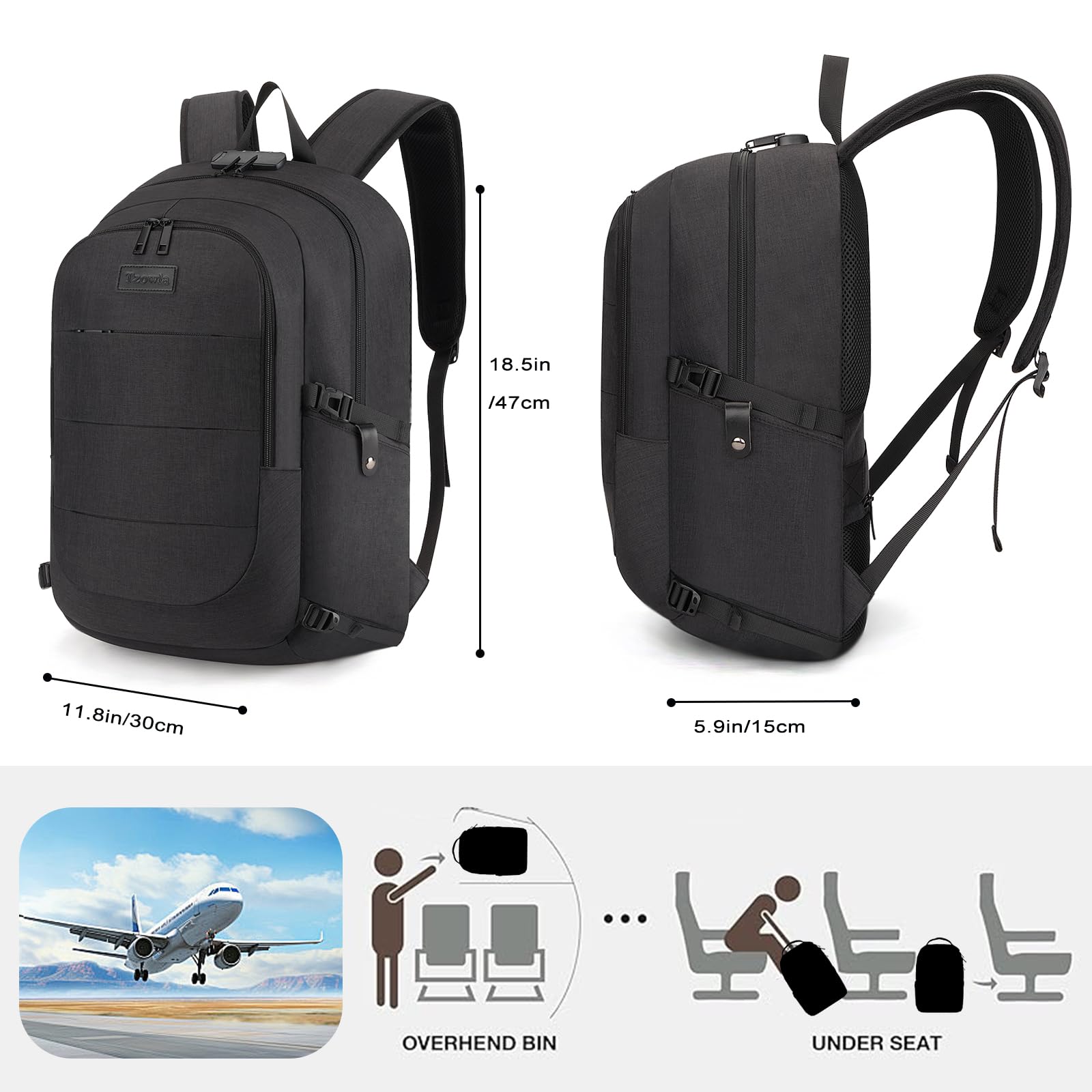 Tzowla Zaino Porta PC Universitari Uomo e Donna,Zaino da Viaggio Impermeabile Antifurto di Ricarica USB e Serratura per Notebook da 15/15,6 Pollici,Zaino da Giorno Sottile Lavoro Business-Nero