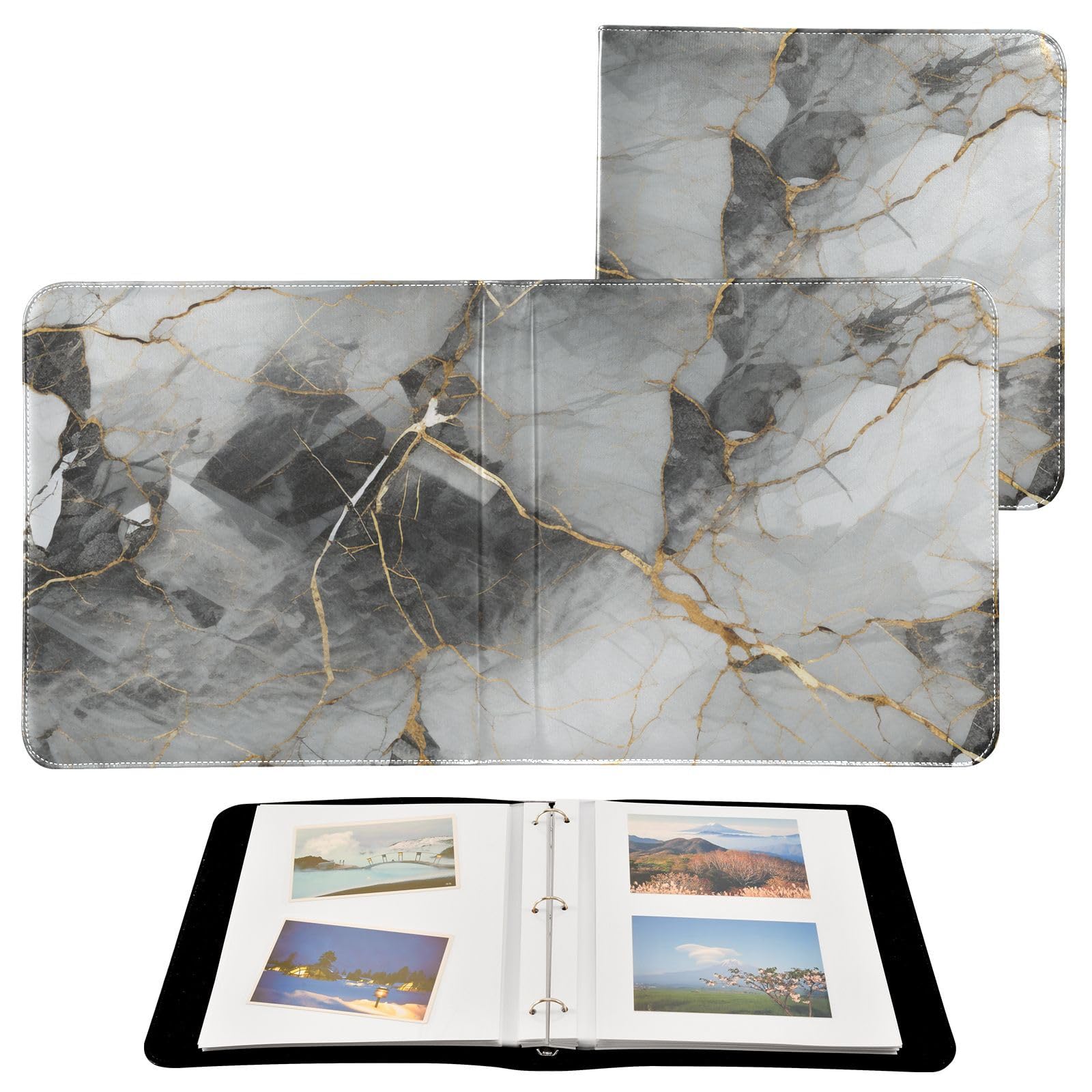 JIPONI Marble with Beautiful Gold Large Photo Album, DIY Leather Cover Scrapbook Albums for 4x6 5x7 6x8 Pictures, Self Adhesive Memory Book for Wedding, Baby, Family
