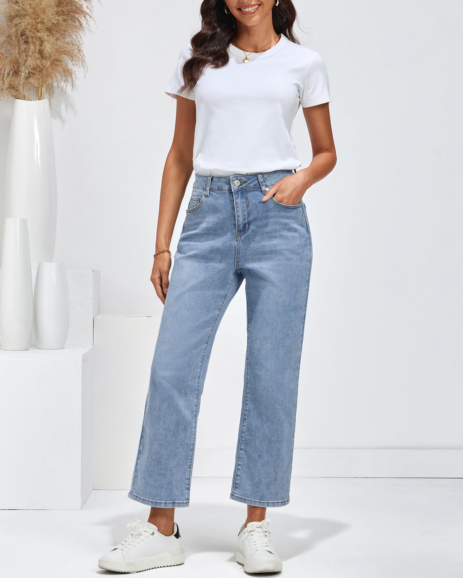 Vetinee Jean pour femme, taille haute, jambes larges, extensible, baggy, coupe droite