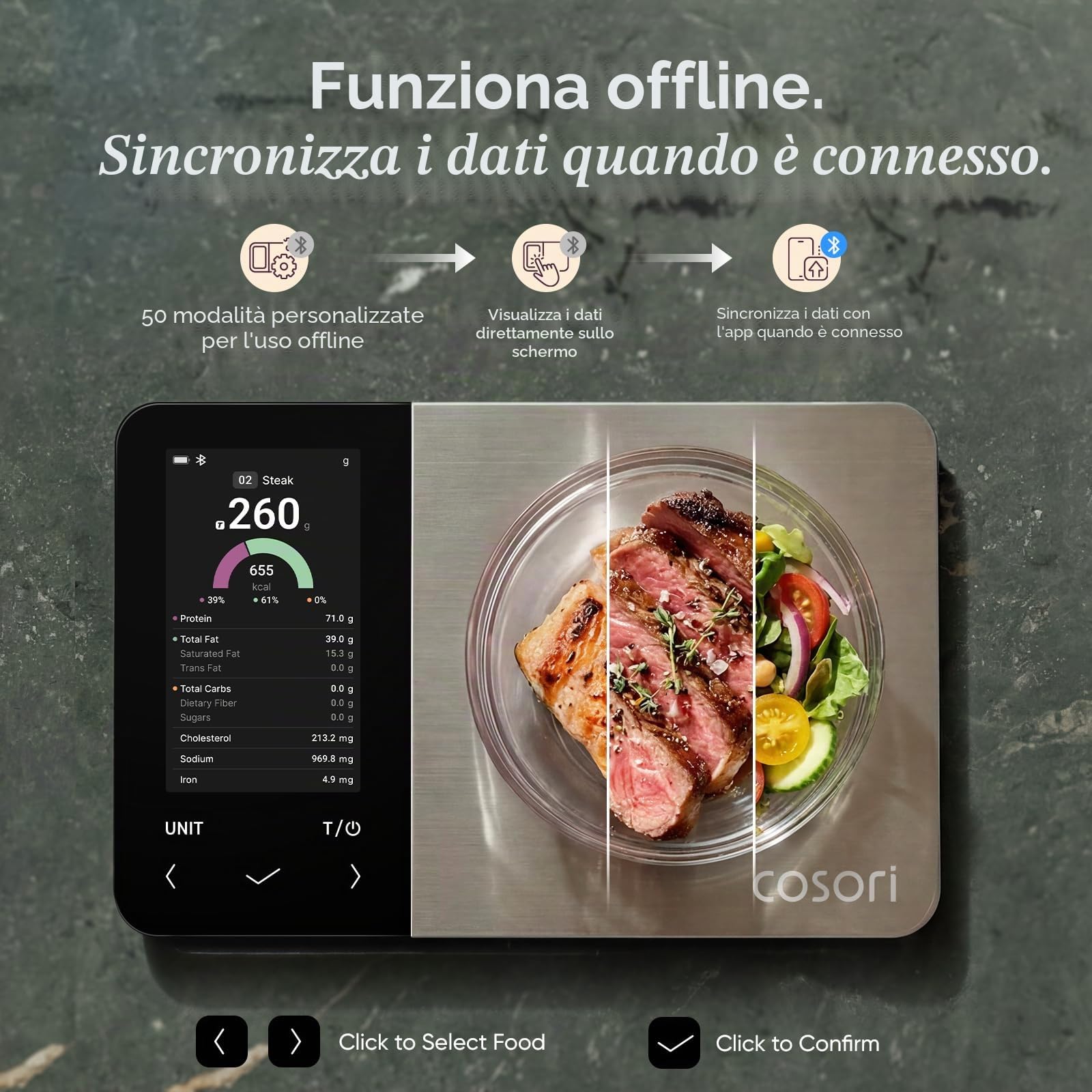 Cosori Bilancia intelligente per alimenti, app gratuita con ampio database alimentare del Regno Unito, bilancia conteggio calorie premium, display a colori trasparente, scansione AI, traccia 19