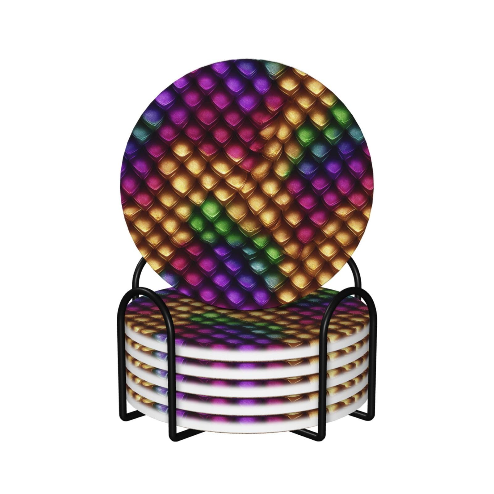 Dragon Scale in Rainbow Colours Ceramic Coasters with Holder 6ps