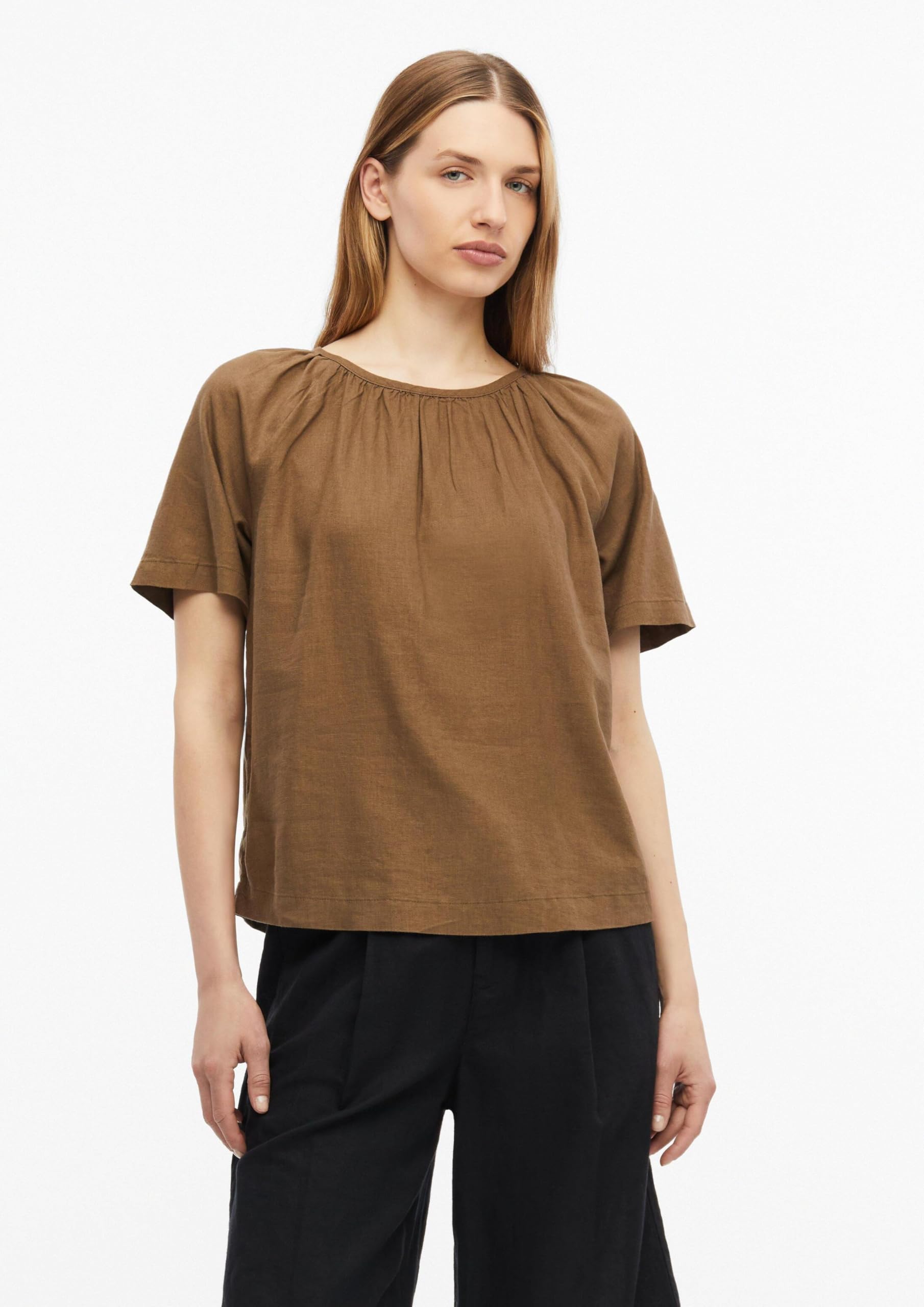s.Oliver Damen Bluse – Relaxed Fit, Leinenmix, Kurzarm mit Raffung und Schleife