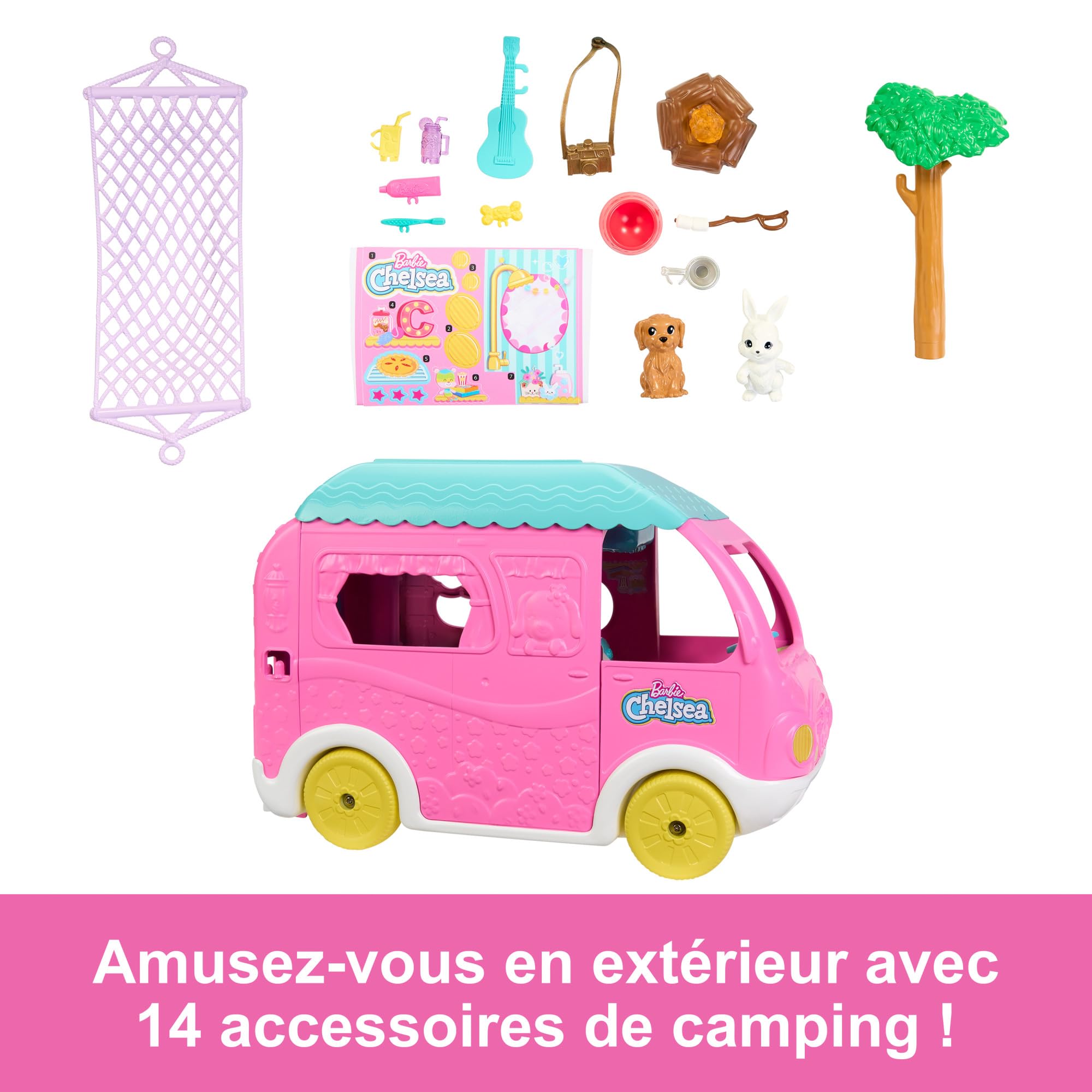 Barbie Coffret 2-en-1 Camping Car, Poupée Mannequin Chelsea avec Véhicule Transformable en Campement, Comprend 2 Animaux Et 15 Accessoires Thématiques, Jouet pour Enfant de 3 Ans et Plus, HNH90