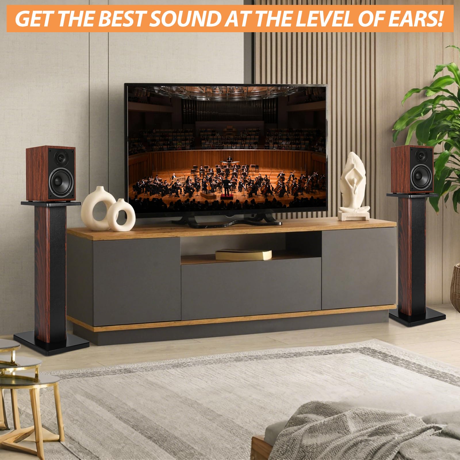 Set di 2 Supporti per Altoparlanti da Tavolo in Legno 80CM, Fino a 50KG, Supporti per Altoparlanti per Home Cinema, Supporti Universali per Altoparlanti da Tavolo, Design Riempito di Sabbia