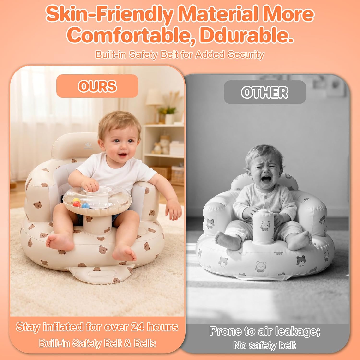 BEBOAN Inflatable Baby Seat with Bell & Clear Tray for 3-36 Months, Portable Upseat Baby Chair with Safety Strap for Sitting Up, Foldable Blow Up Infant Seat, Built-in Air Pump, Beige Bear