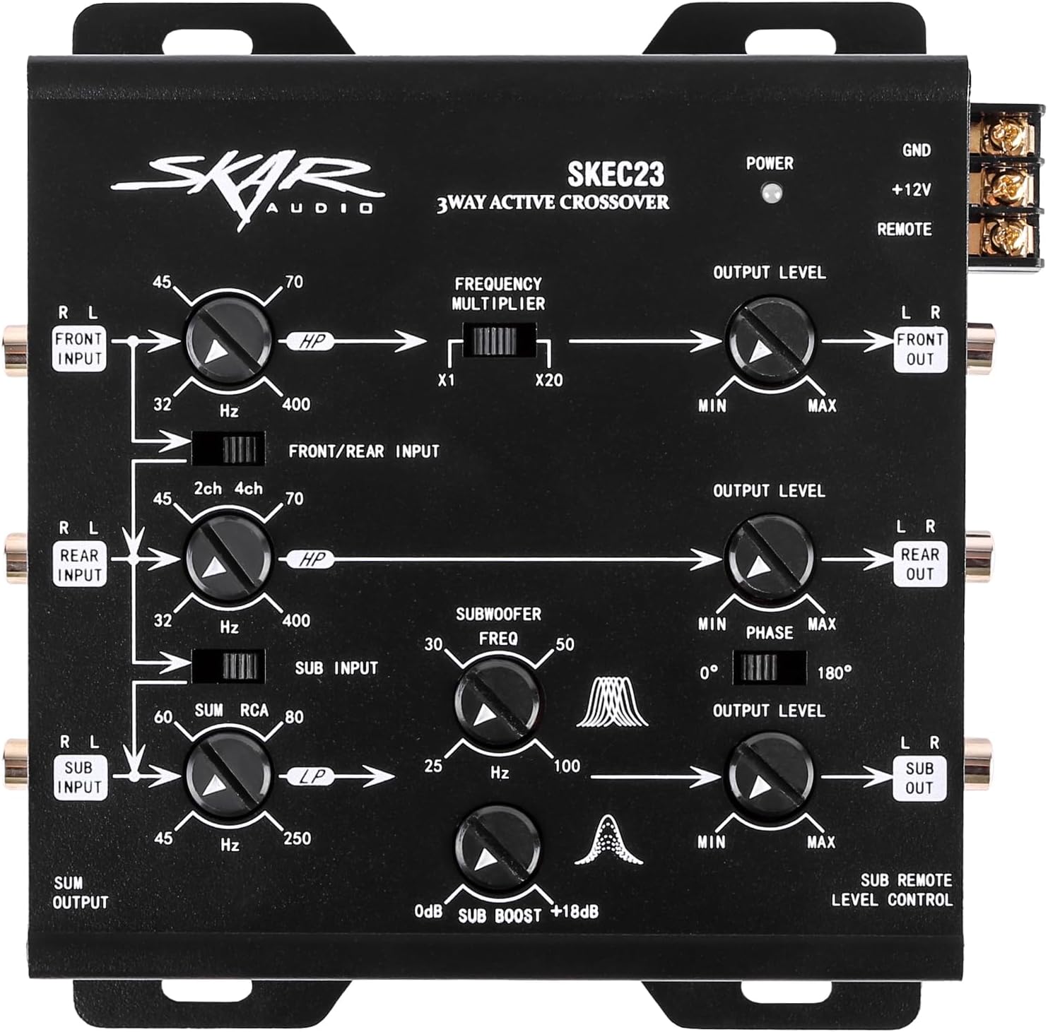 Top view of Skar Audio SKEC23 Crossover with labeled controls