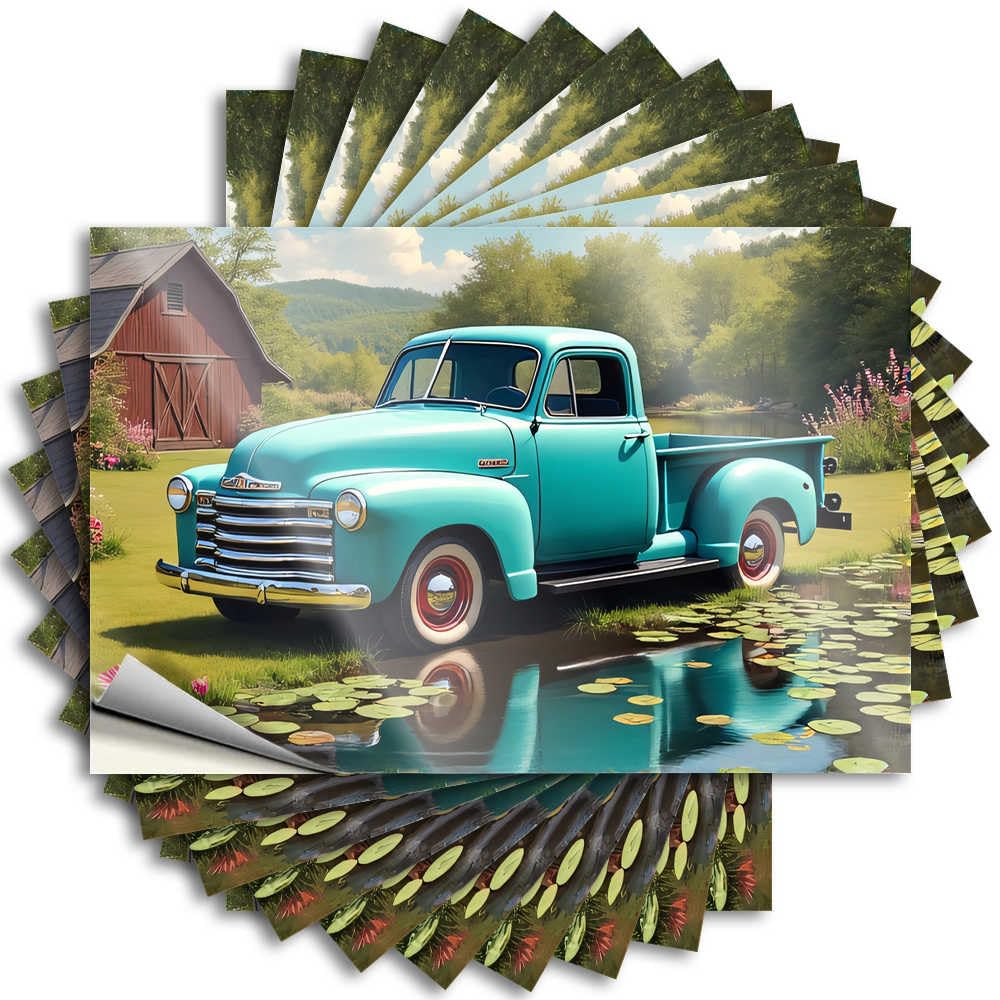 Fzfn Colour Outdoor Porch Decor Hard Stickers - Vintage Blue Pickup By The Pond Funky Durable Sticker Easy Apply For Math Decor(12X18cm)