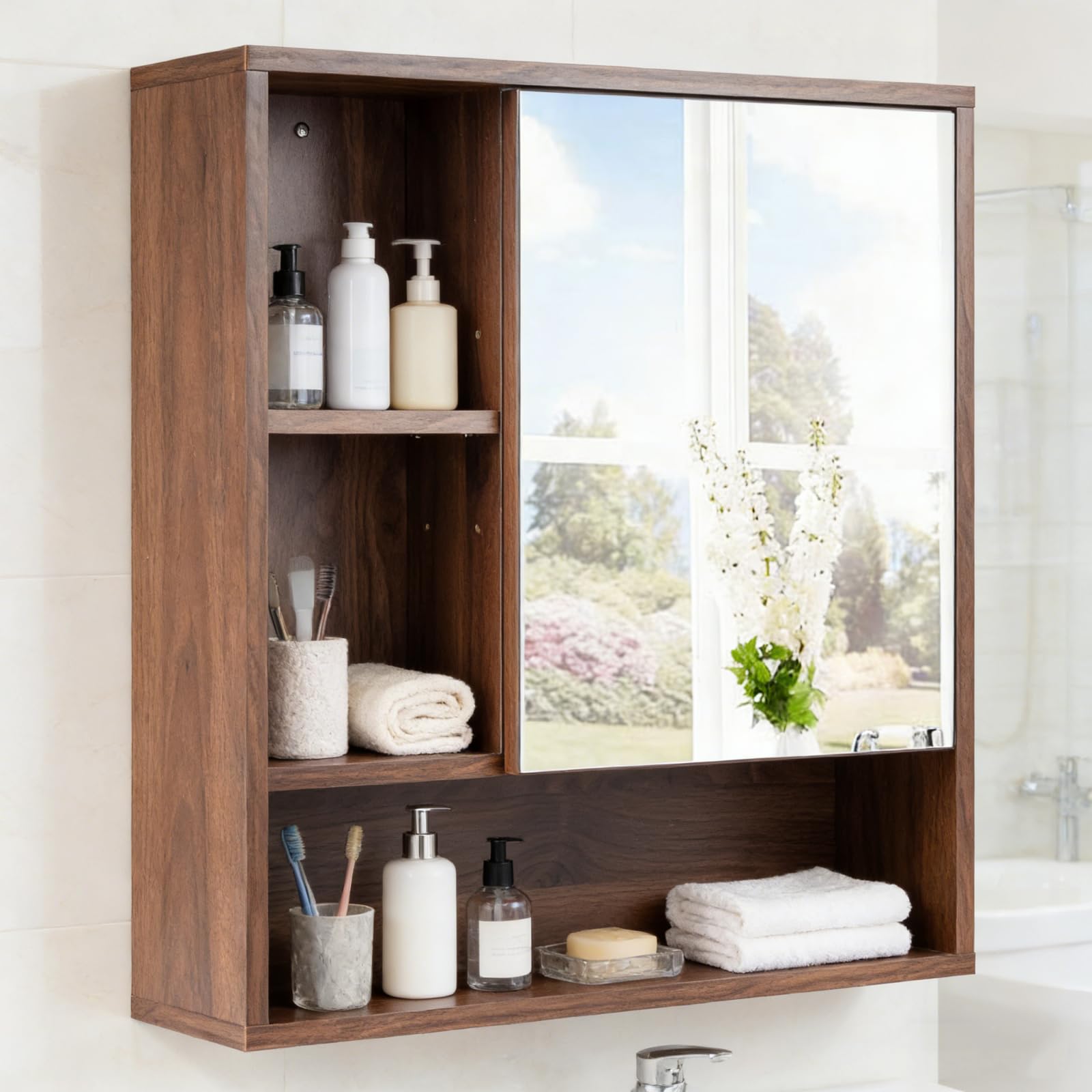 LIFEZEAL Armadietto da Parete per Bagno con Specchio, Mobile per Bagno con Mensola Regolabile e Rimovibile, Scomparto Aperto, Porta a Specchio, per Soggiorno, Ingresso, 55 x 16 x 61 cm (Bianco) - 5