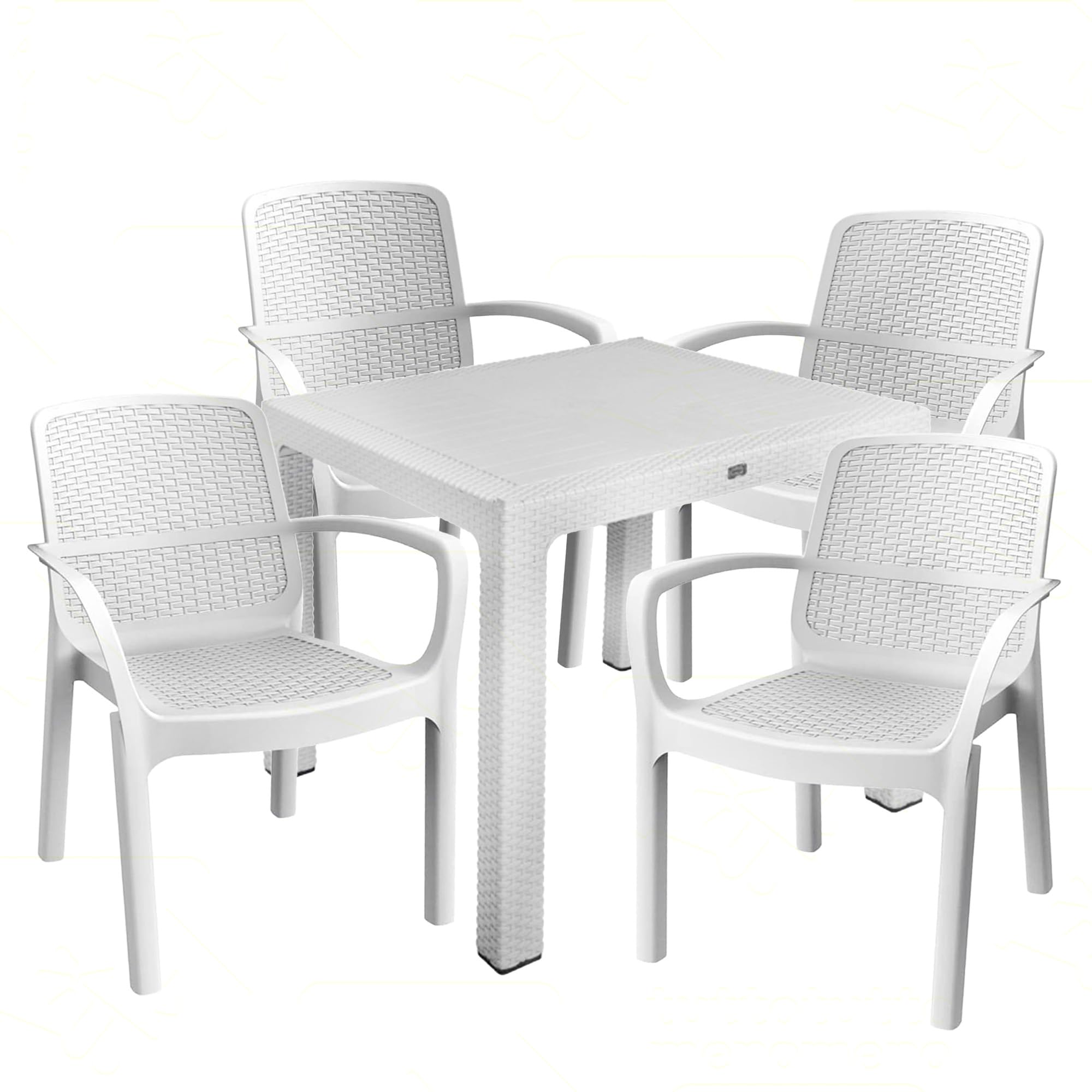 Sicignano | Set per Esterni Sedia Numana Tavolo 90x90cm, Impermeabili, Impilabili, Resistente UV, Ideale per Interno Esterno Bar Ristoranti Locali Commerciali (1, 4 Sedie 1 Tavolo)