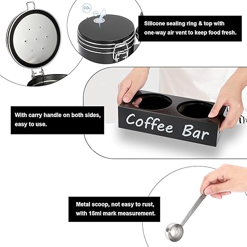 Miniatura 3 de ELLDOO Recipientes de café con estante y cuchara, 2 tarros de almacenamiento de café de metal negro de 23.7 onzas líquidas con tapa hermética,