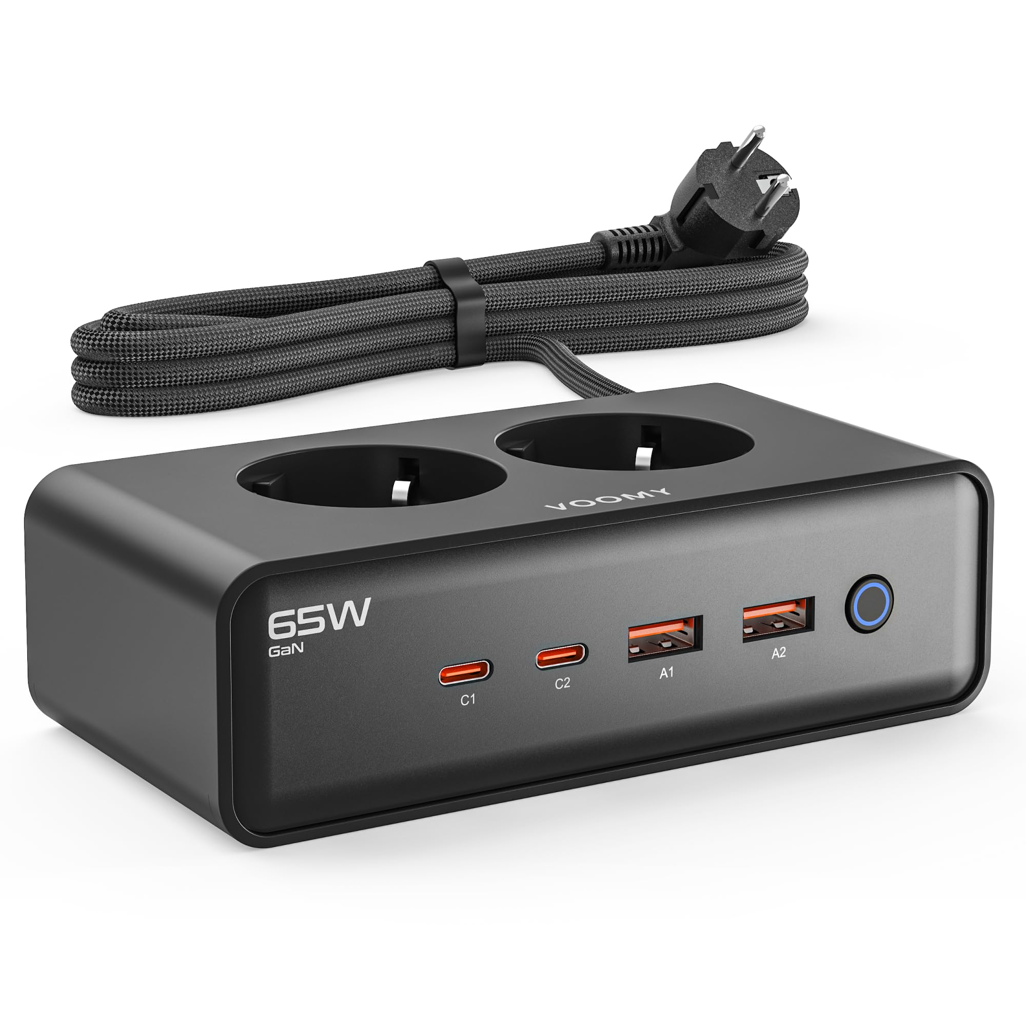 VOOMY Ciabatta Multipresa con 65W Carica Rapida, Presa Multipla Salvaspazio con 2 Spina AC, Ciabatta Multipresa con 2 USB-C & 2 USB-A, Interruttore e Cavo da 2m (Nero, 65W)