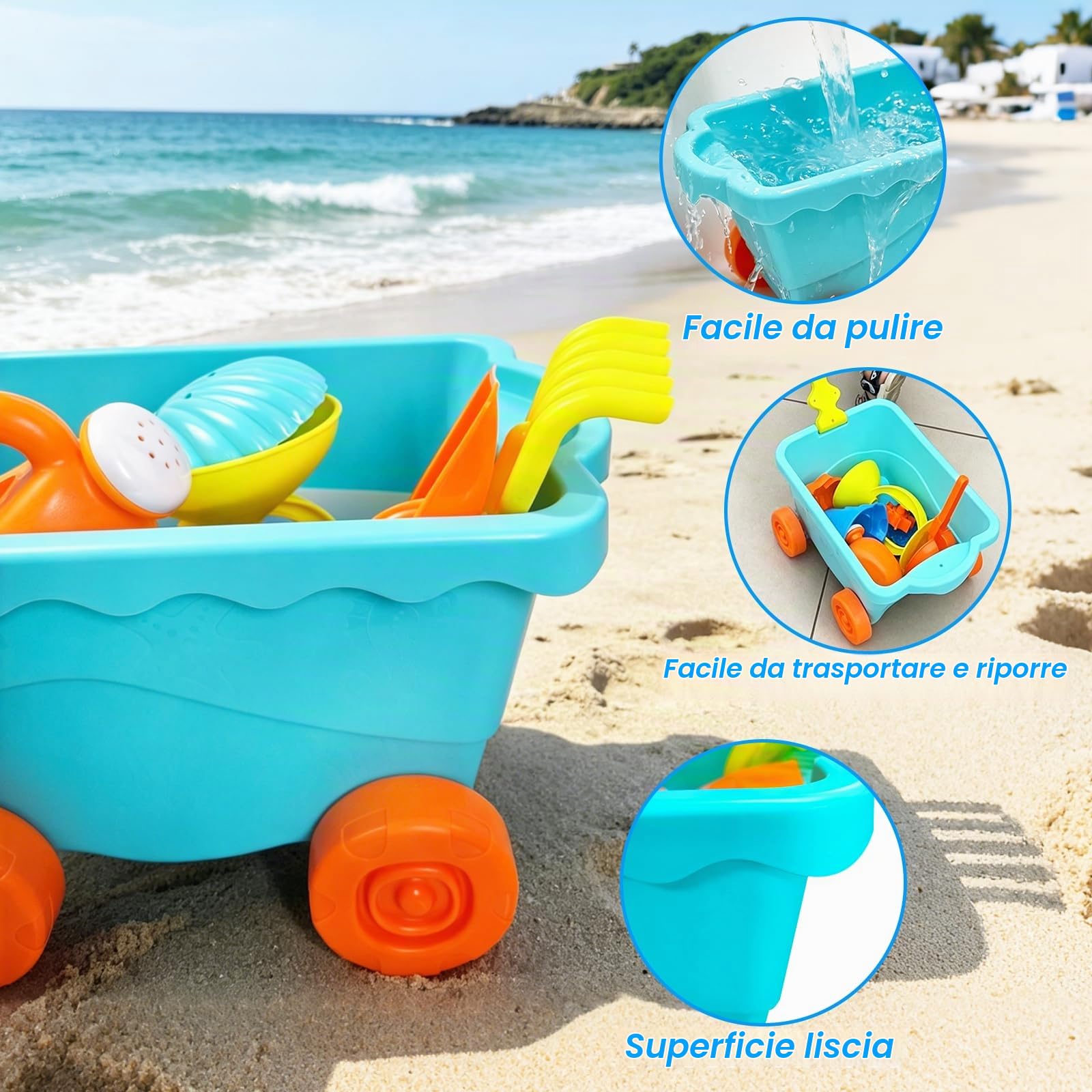 RedCrab 10 Pezzi Giochi da Spiaggia per Bambini, Giochi Spiaggia Bambini con Carrello Trascinabile, Pala, Rastrello, Annaffiatoio e Clessidra, Giochi per Esterni per Ragazzi e Ragazze