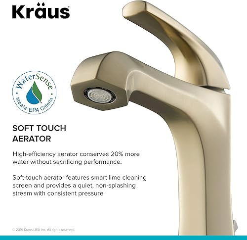 Miniatura 9 de KRAUS Esta grifo de baño de lavabo de una sola manija con drenaje de varilla de elevación en oro cepillado, KBF-1211BG