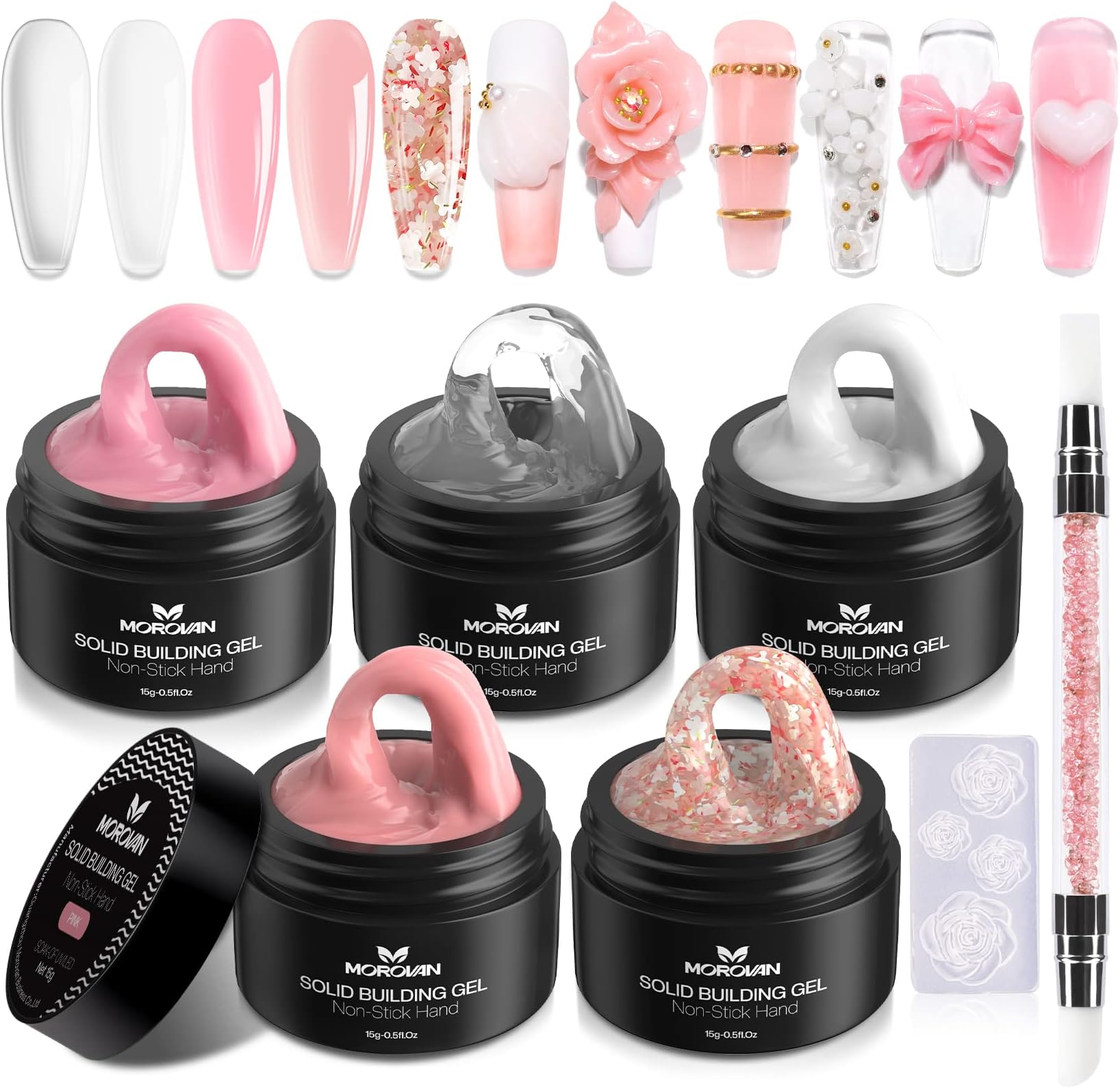 Morovan Solid Builder Gel: 5 Colors Hard Gel for Nails, Non-sticky, Long Lasting, DIY at Home