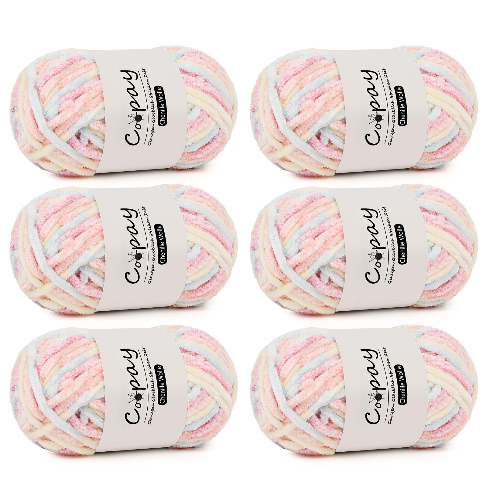 Coopay Chenille Wolle zum Häkeln, 6x100g Weiche Samtig Chenillegarn, Flauschige Dicke Wolle zum Stricken, Warme Plüschwolle Häkelgarn für Decken, Schals, Mützen