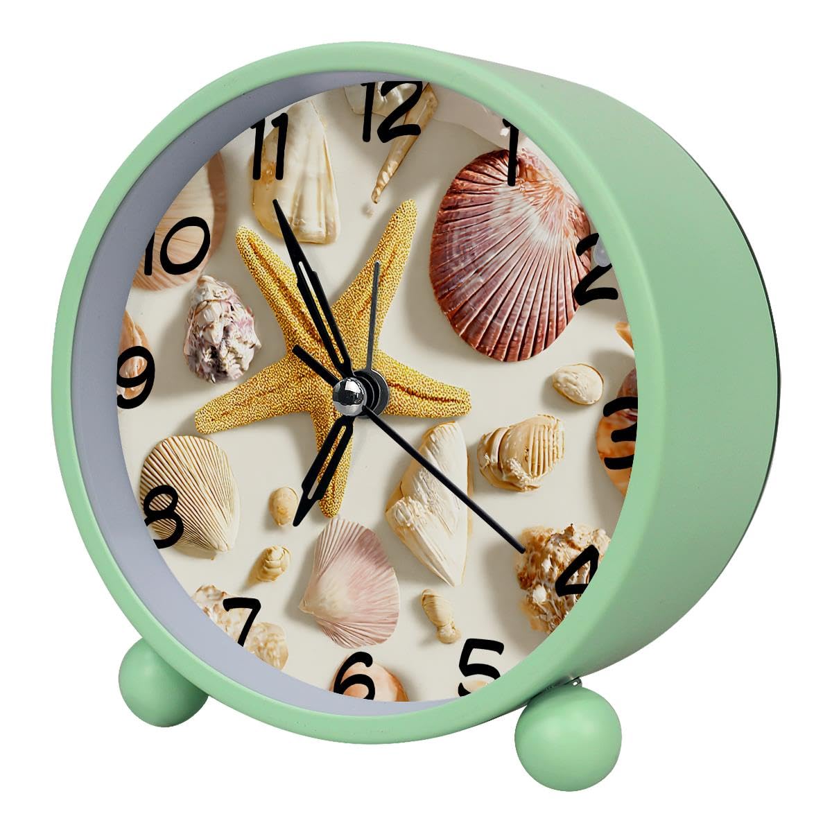 Luoweisi Analog Alarm Clock Seashells Starfish, Silent Non-Ticking with Night Light, Battery Operated, Round Desk Alarm Clock for Office, Bedroom, Elderly, Adults, Children, Student Gifts