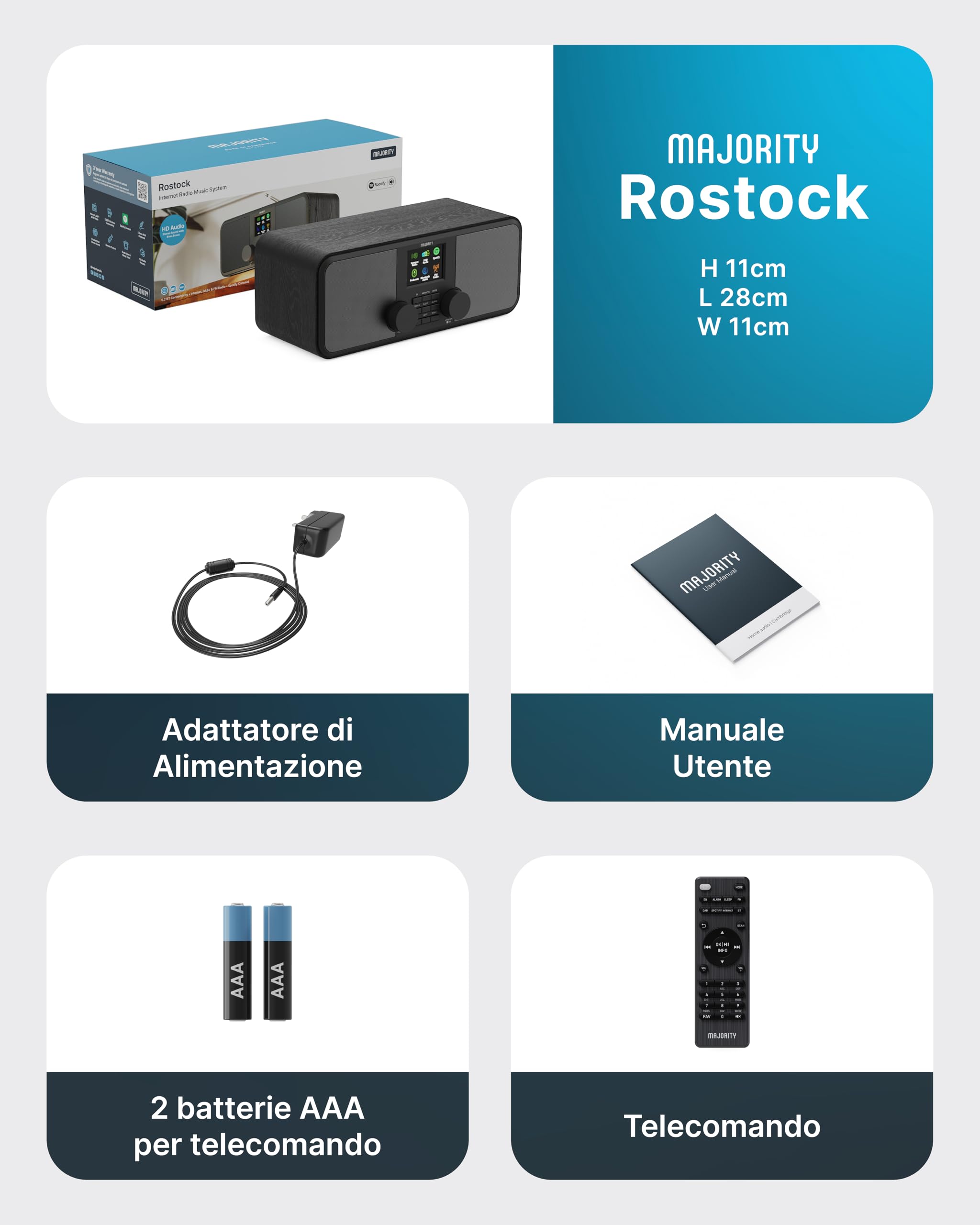 MAJORITY Rostock Radio Internet WiFi con Radio DAB+ e Tuner DAB | Radio FM Bluetooth | Poste Radio Bluetooth | Spotify Connect | Podcasts | Télécommande | App OKTIV | Enceinte Stéréo