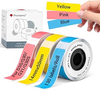 Phomemo D30 Q30S Etiquetas, Etiquetas Térmicas de Color (Amarillo/Rosa/Azul) para Impresora de Etiquetas Phomemo D30, Q30S, Q30, Q31, 14 × 50mm, 130 Etiquetas/por Rollo, 3 Rollos