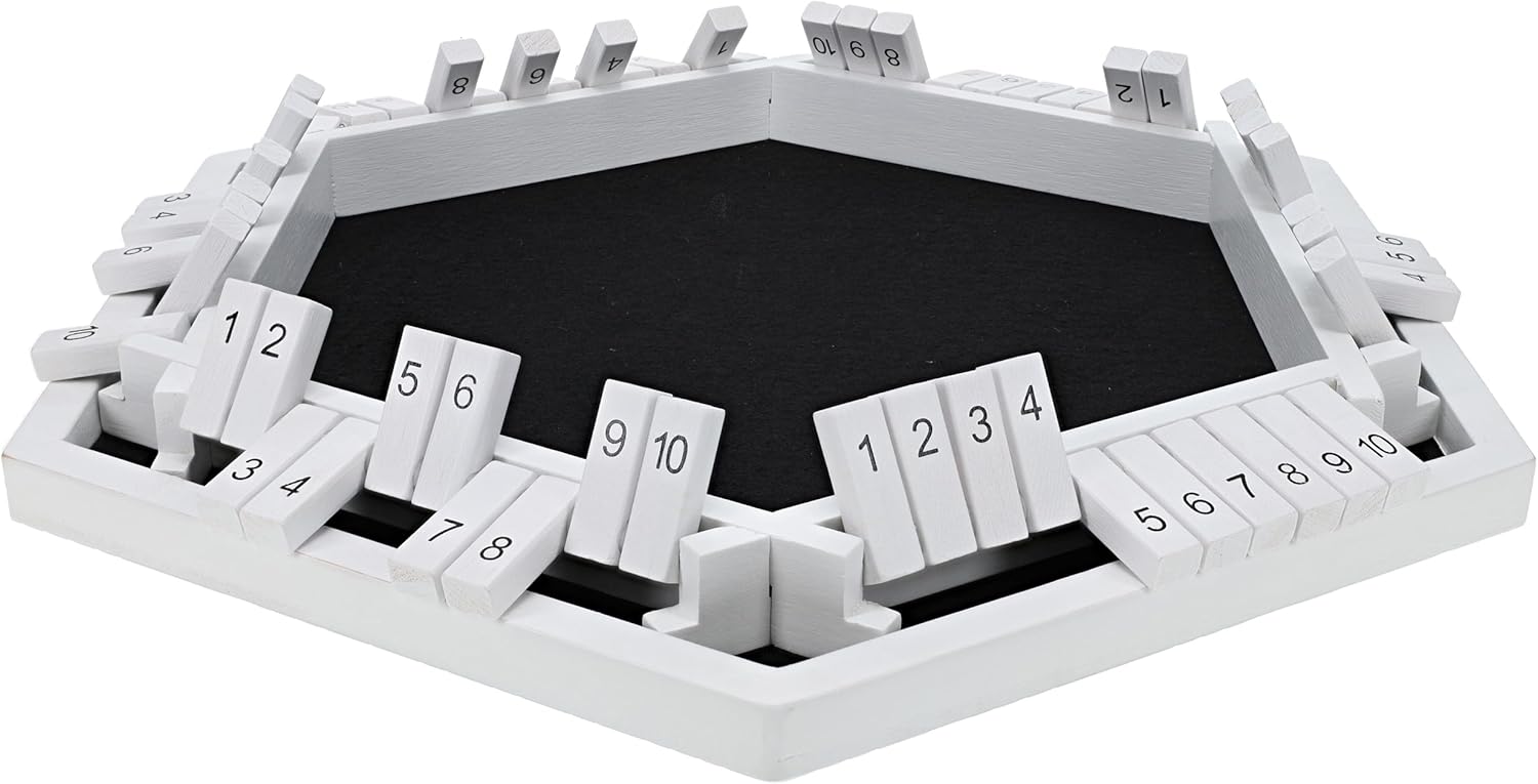 Pacific Shore Games Shut The Box Game 6 Player – White Painted Wood, Wooden Board Game, Table Games for Adults, Bar Games, Portable Dice Game for 1-6 Players, Classic