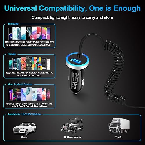 Miniatura 7 de Cargador de coche USB C adaptador de encendedor de carga rápida de 34 A con cable en espiral tipo C de 3 pies para Samsung Galaxy A32 A13 5G A53 S22