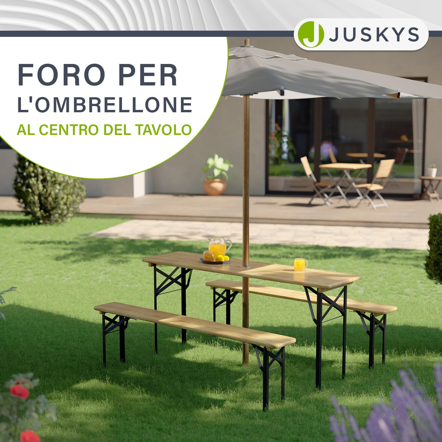 Juskys Set birreria Bichl 3 pezzi pieghevole 170x46x77 cm - Set mobili da giardino tavolo da birra e 2 panche da birra