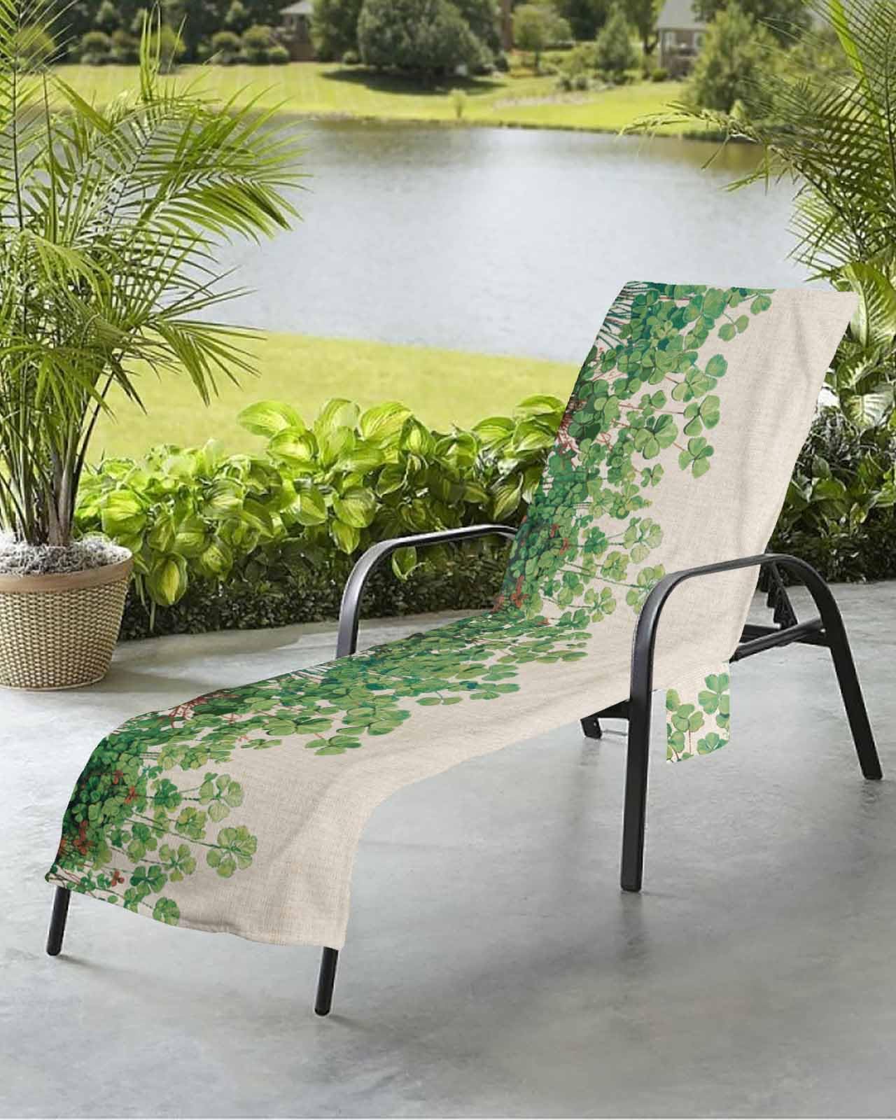 St. Patrick's Day Beach Chair Towel Covers for Chaise Lounge With Side Pocket, Soft Plush Pool Towels Cover for Patio Sunbathing Outdoor 29''x85'' Botanical Plant Watercolor Leaves Lucky