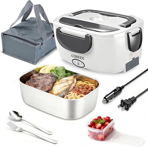 Fiambrera eléctrica de 80 W, calentador de alimentos portátil con calefacción, calentador de alimentos de 1.5 litros con tenedorcuchara y bolsa de