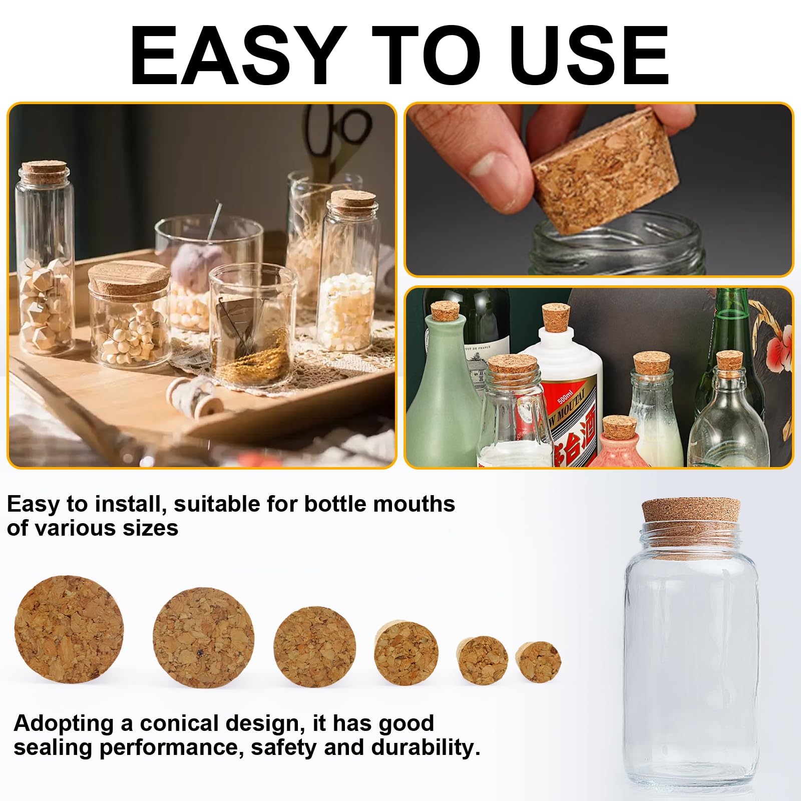 30 tapones de corcho natural para botellas de vidrio, manualidades y decoración del hogar, corchos cónicos para proyectos de bricolaje, sellado hermético, botellas de laboratorio y vino 3
