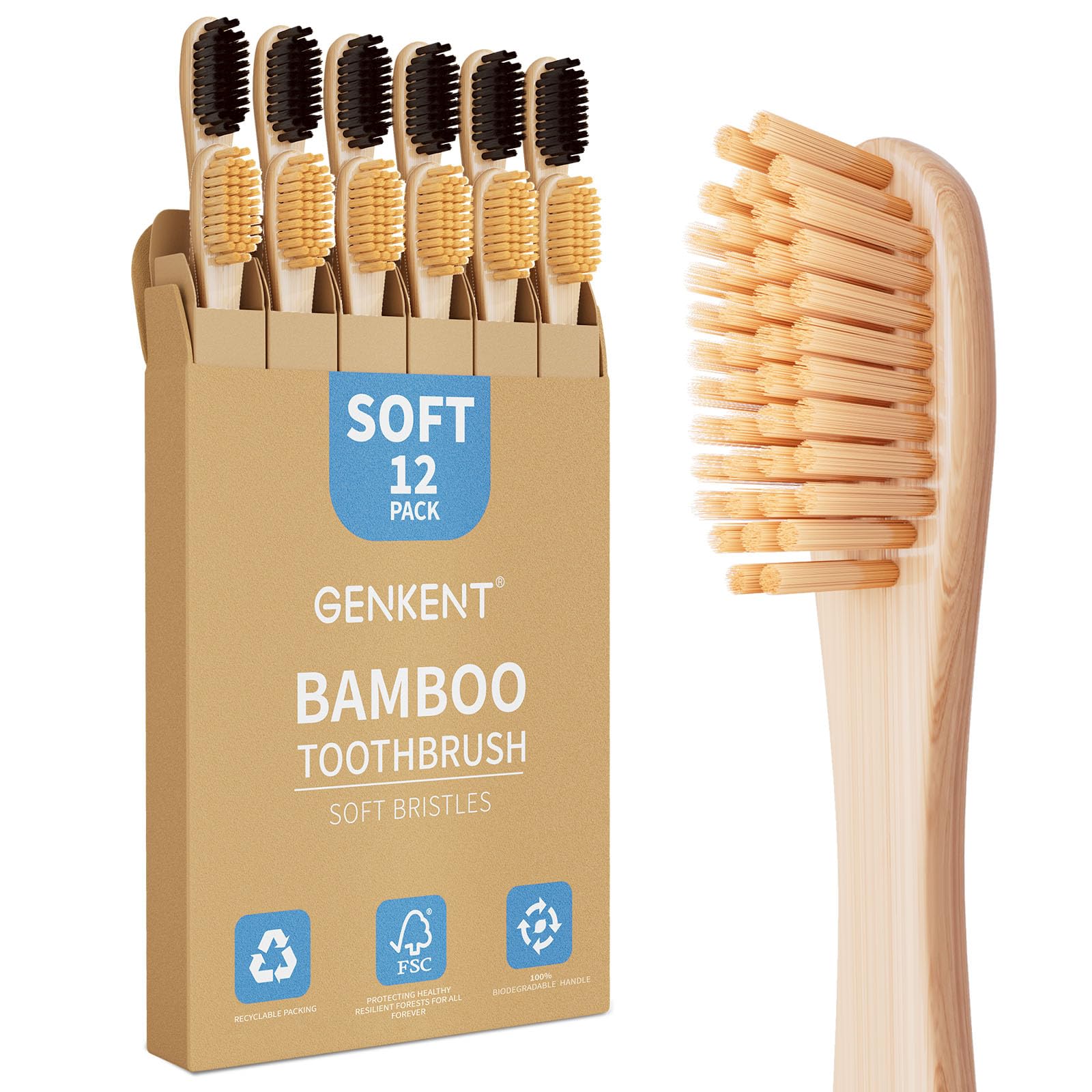 Cepillos de dientes de bambú, paquete de 12 cepillos de dientes naturales, sin BPA, cerdas suaves, cepillo de dientes ecológico de carbón para viajes