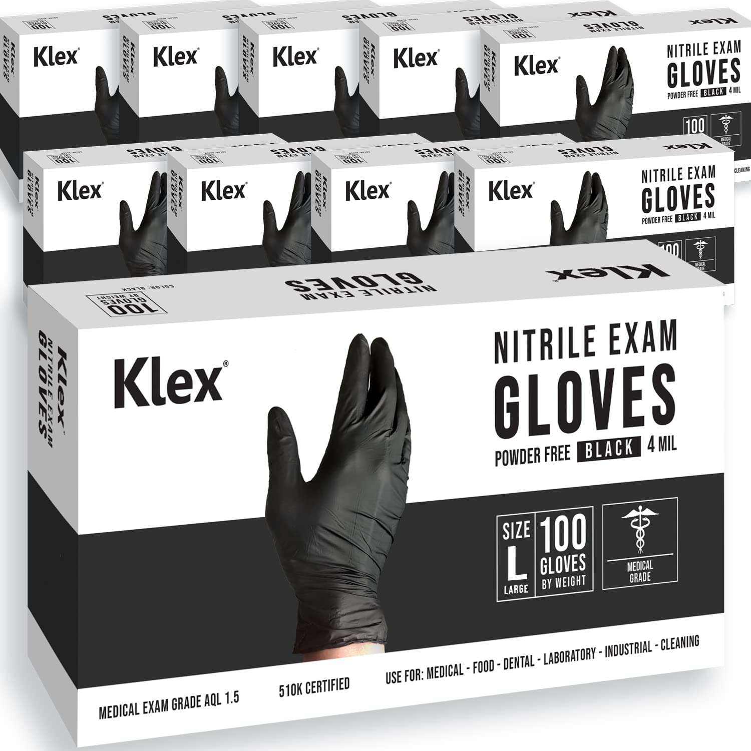 Klex Guantes de nitrilo para examen, grado médico, sin polvo, sin látex de goma, guantes desechables de grado de examen, aptos para alimentos, color negro, grande, 1000 unidades