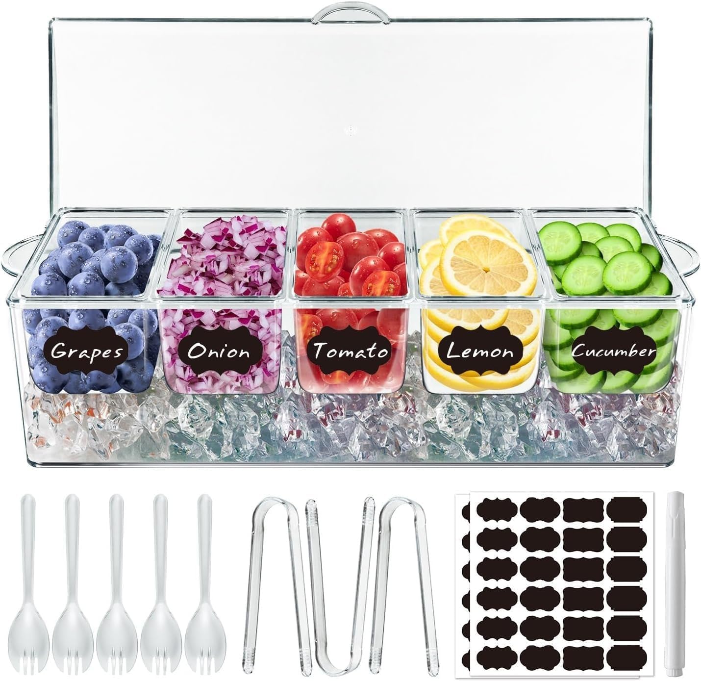 Serviertablett Snackbox 5 Fächern Snackschale mit Deckel Organisator für gekühlte Gewürze, Bar Obst Caddy Ice Zutatenbehälter Set für Barzubehör, Obst, Salat, Taco mit Löffeln Gabeln Zange usw