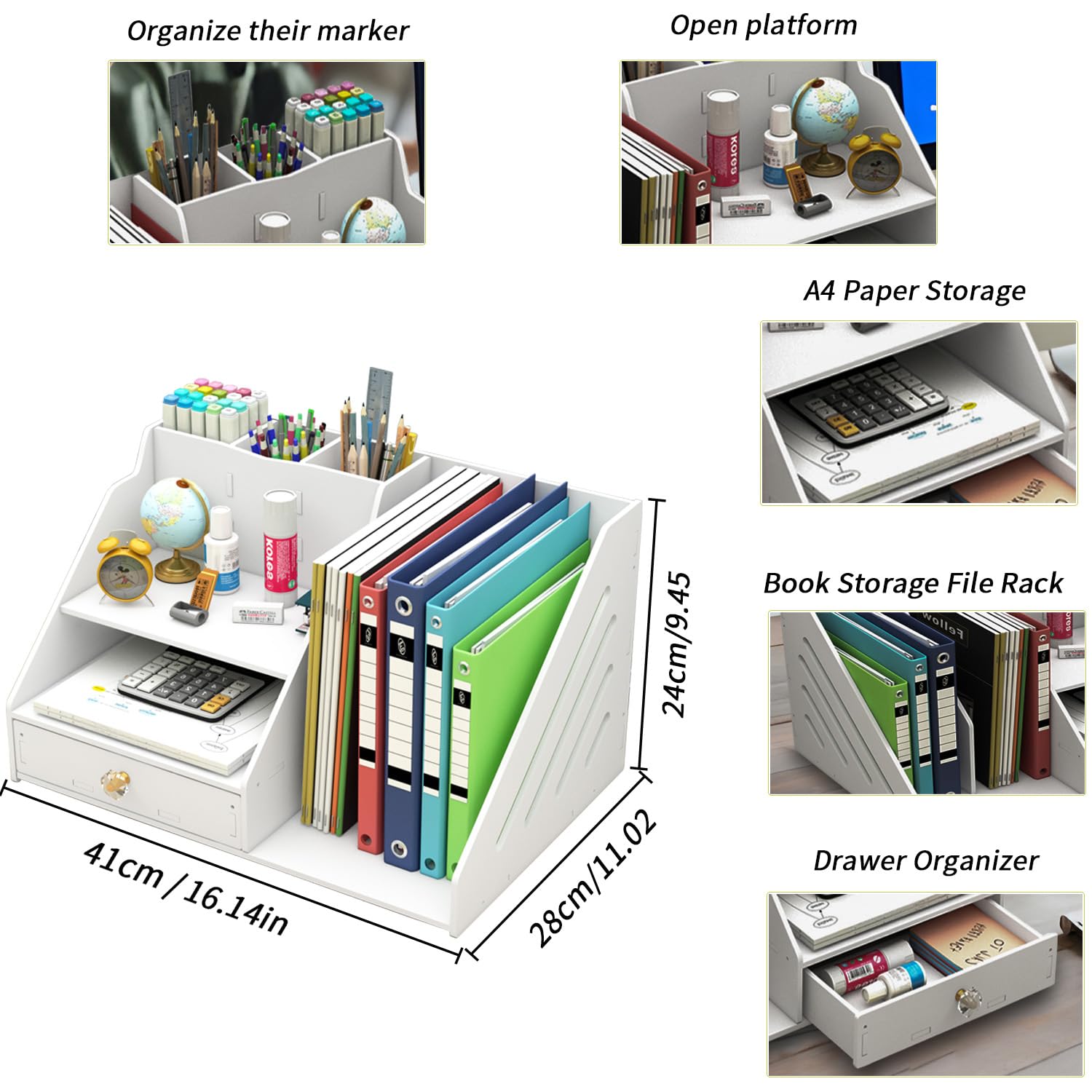 Büro organizer-2-stufiger Papier Organizer mit Schublade und 3 Stifthaltern,Schreibtisch organizer-2-stöcki Schreibtisch Akten Organizer für büro Schreibtischutensilien (weiß)