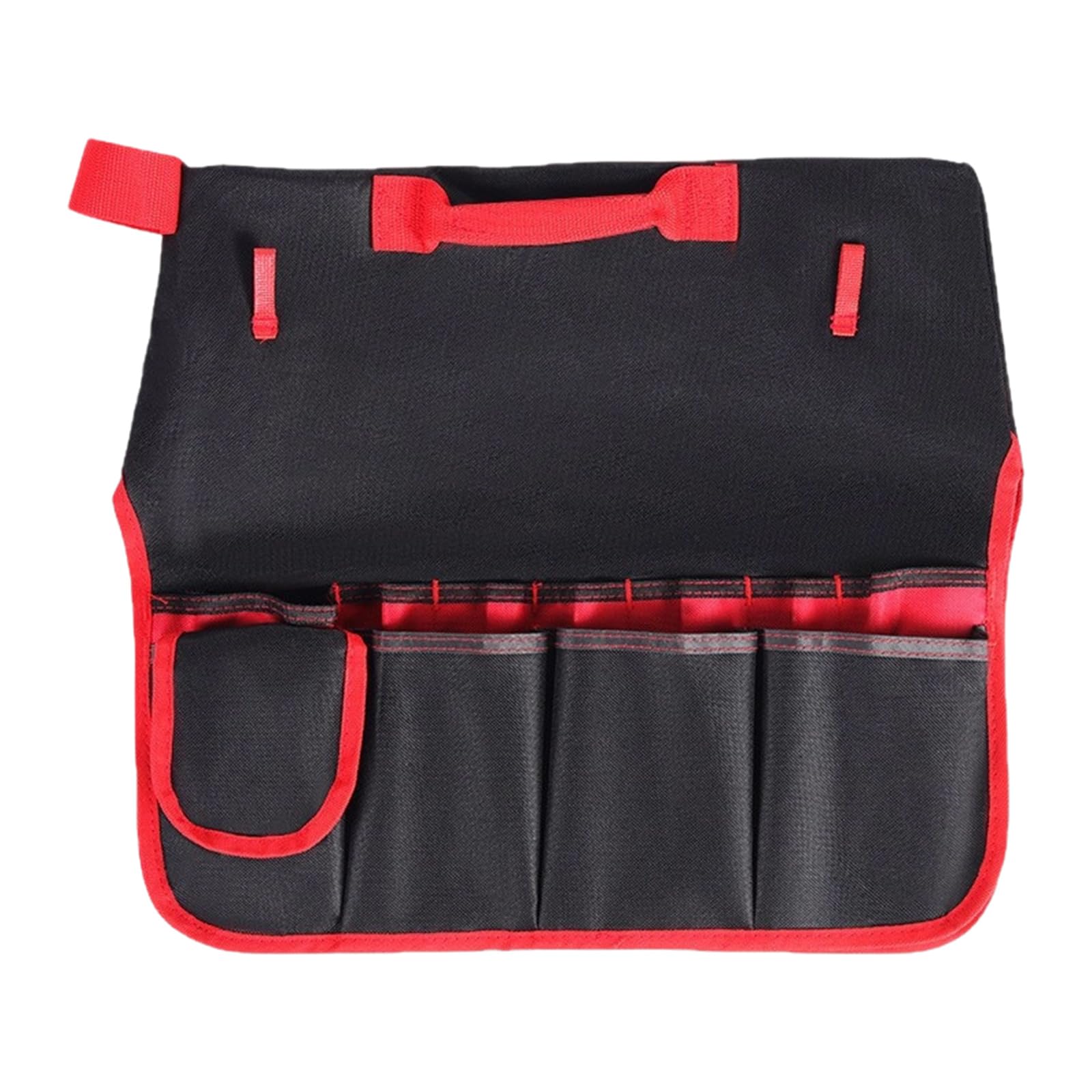 Spacious industrial grade tool organizer holder with numerous compartments and reinforced handles for rugged use. Extra large and spacious tool organizer bag