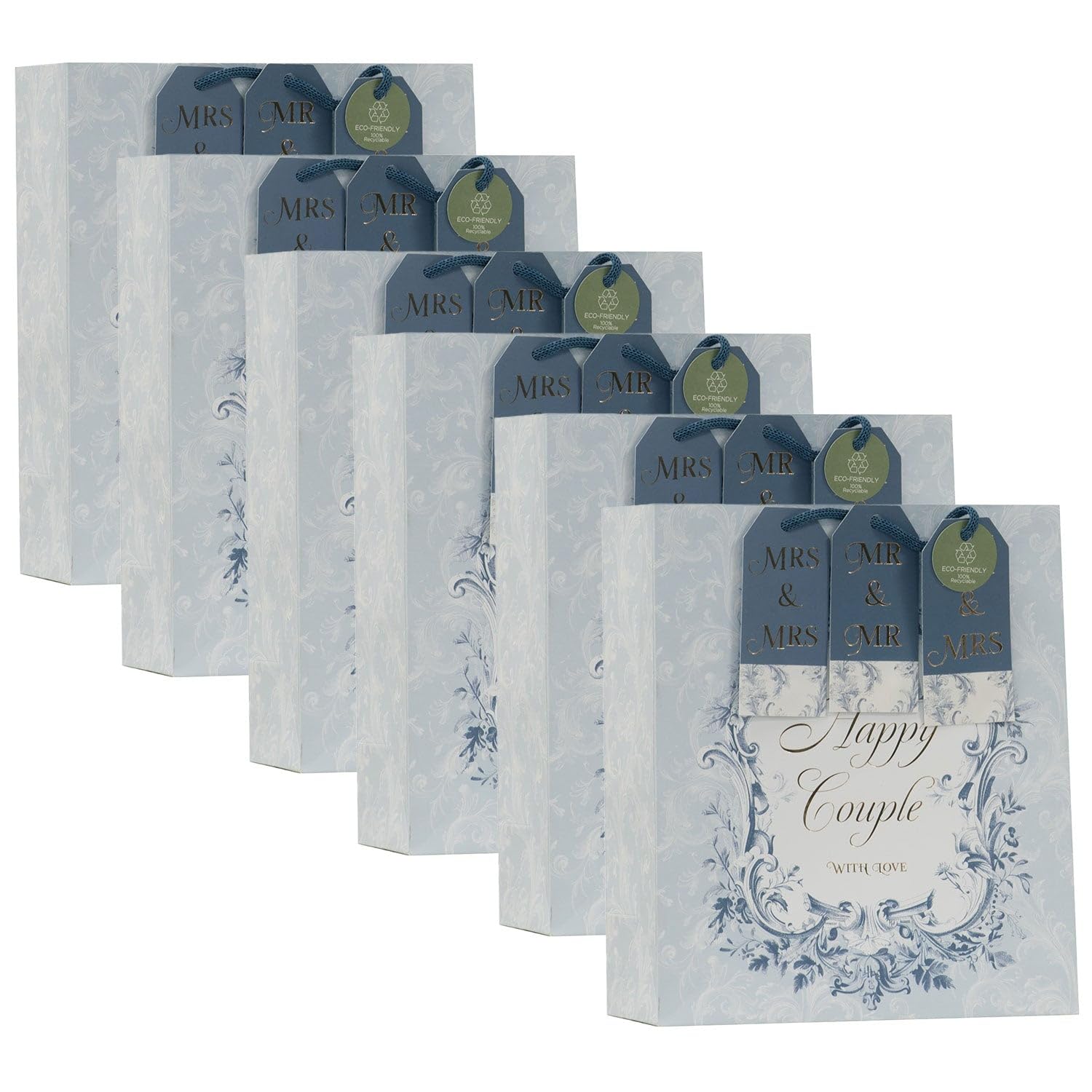Design By Violet Happy Couple Medium Gift Bag – Set of 6 Decorative Paper Wedding Gift Bags with Ribbon Handles and Assorted Gift Tags for Mr and Mr, Mrs and Mrs, Mr and Mrs