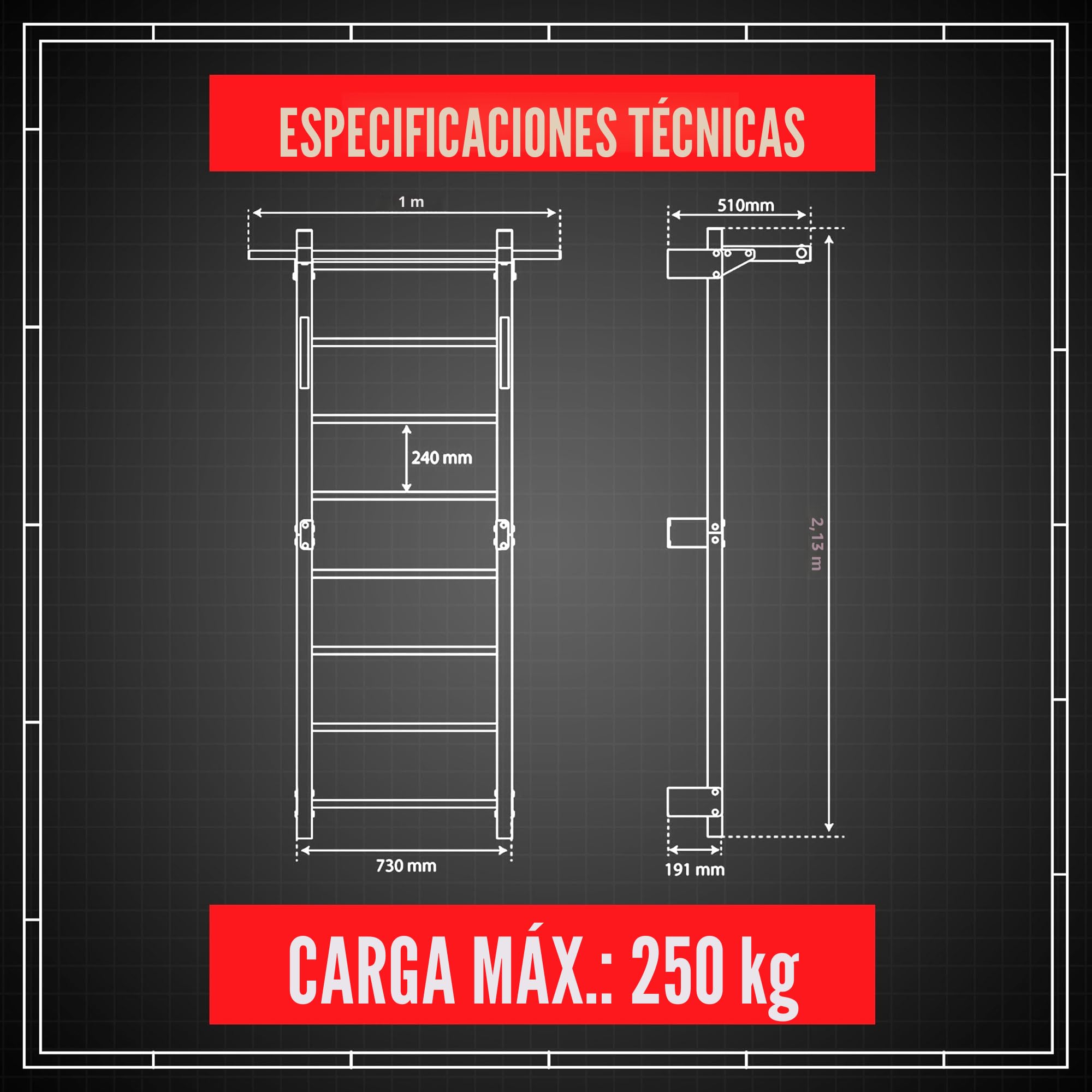 K-Sport: Pared de escalada con 8 peldaños, soporta hasta 250 kg, pared con barra de dominadas, pared de escalada de metal para montaje en pared para adultos y niños, incluye libro electrónico (idioma