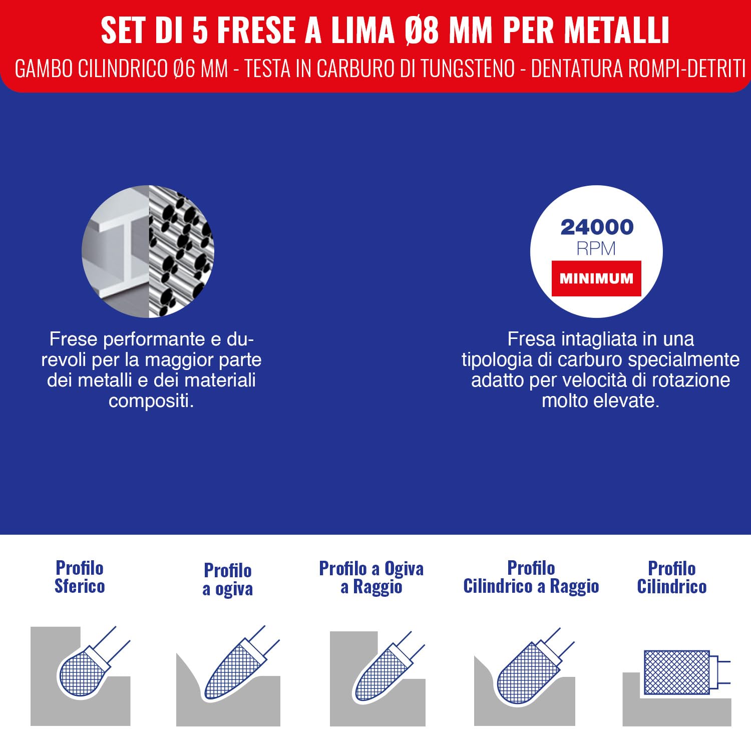 TIVOLY - Set di 5 frese per metallo Ø8 mm - Gambo cilindrico Ø6 mm - Testa in carburo di tungsteno - Sistema di denti rompitruciolo