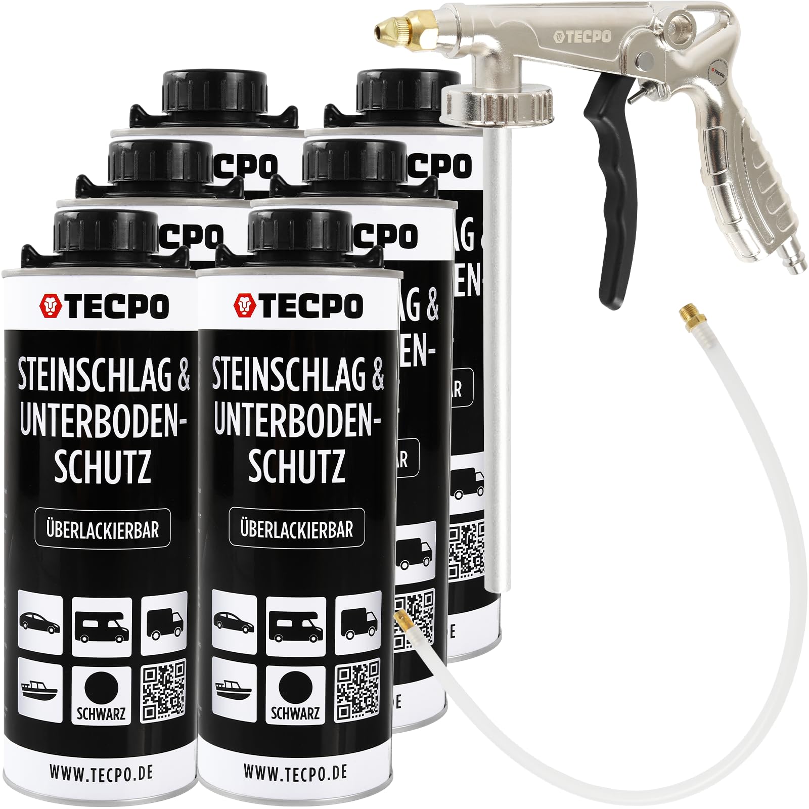 TECPO Unterbodenschutz Bitumen, 6 Liter in Saugdose überlackierbar dauerelastisch schwarz mit Druckluft Sprühpistole Steinschlagschutz Rostschutzmittel Korrosionsschutz UBS mit Anti-Dröhn-Wirkung