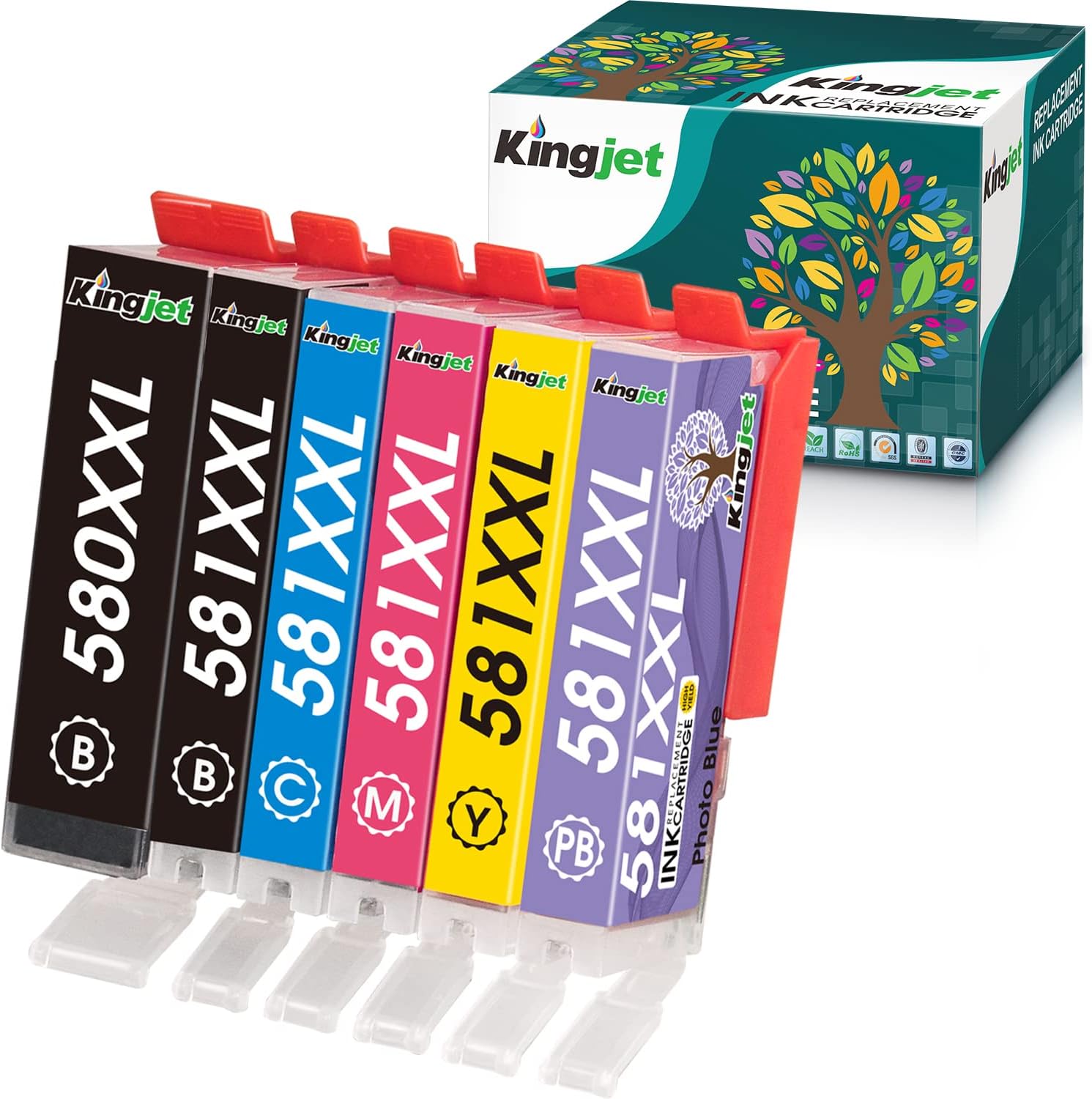KINGJET PGI-580 CLI-581 PGI-580XXL CLI-581XXL Ink Cartridges (PGBK/BK/Photo Blue/C/M/Y) Compatible Canon 580 581 for Canon Pixma TS8150 TS8151 TS8152 TS9150 TS9155 TS8350 TS8250 TS8251 TS8252，6 Pack