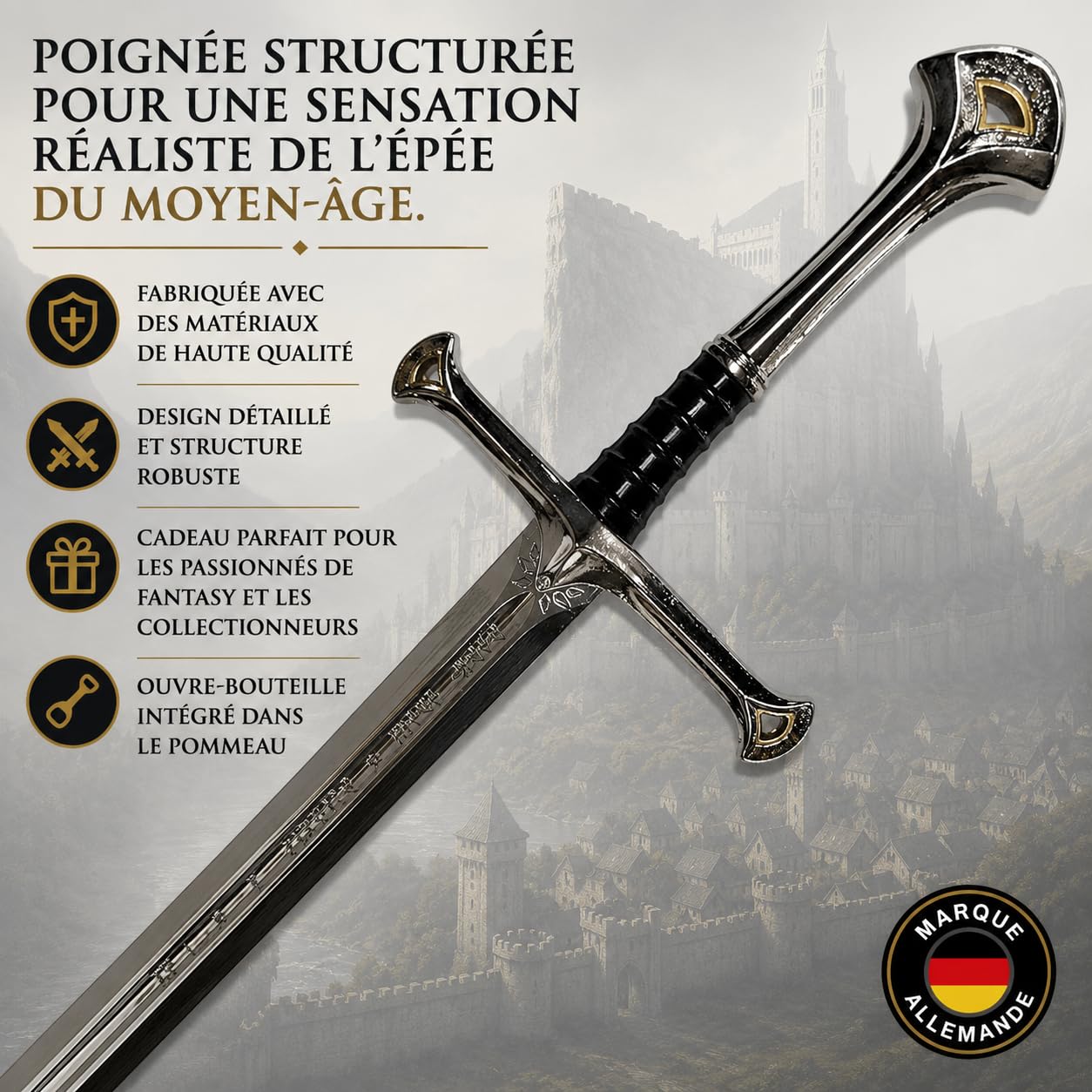 Le Seigneur des Anneaux Anduril Épée XL Ouvre-lettres avec fourreau 30 cm | "Flamme de l'Ouest" d'Aragorn en métal | Réplique du Moyen-Oeuvre & Décoration de bureau | Cadeau Fantaisie