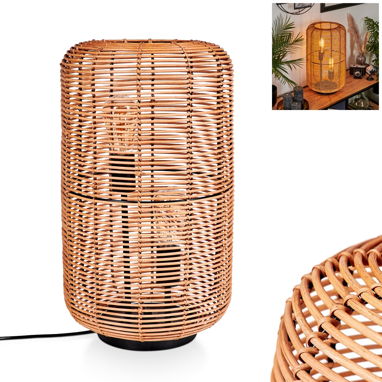 Tischleuchte Mulstrand, moderne Boho Tischlampe aus Metall/Rattan in Schwarz/Natur, Nachttischlampe mit Schirm in Gitter-Optik, An-/Ausschalter am Kabel und Lichteffekt, 2 x E27, ohne Leuchtmittel