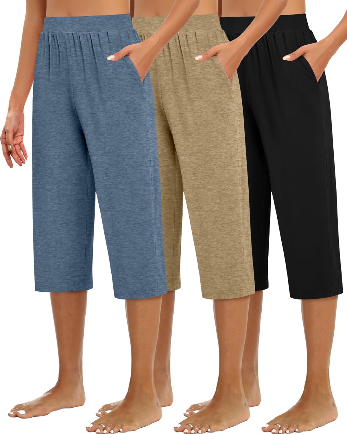 Huukeay 3 Pack Women's Capri Sweatpants, Cozy Wide Legs Cropped Capri with Pockets, Lounge Jogger Pants Workout Yoga Solid
