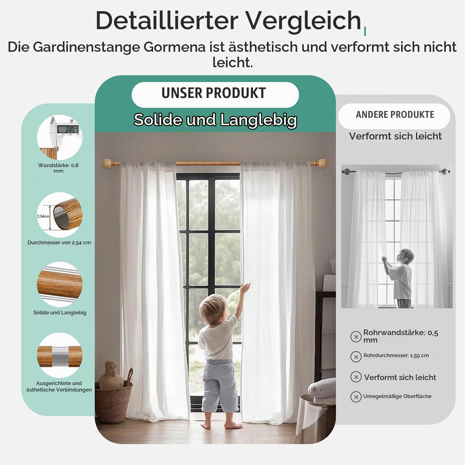 Gardinenstange Holzoptik 80-365cm Metall Ausziehbar BohoStil | Lang Vorhangstange mit Blatt-Enden inkl.Halterungen 15KG Schwerlast für Fenster Wohnzimmer Schlafzimmer Terrasse Vintage