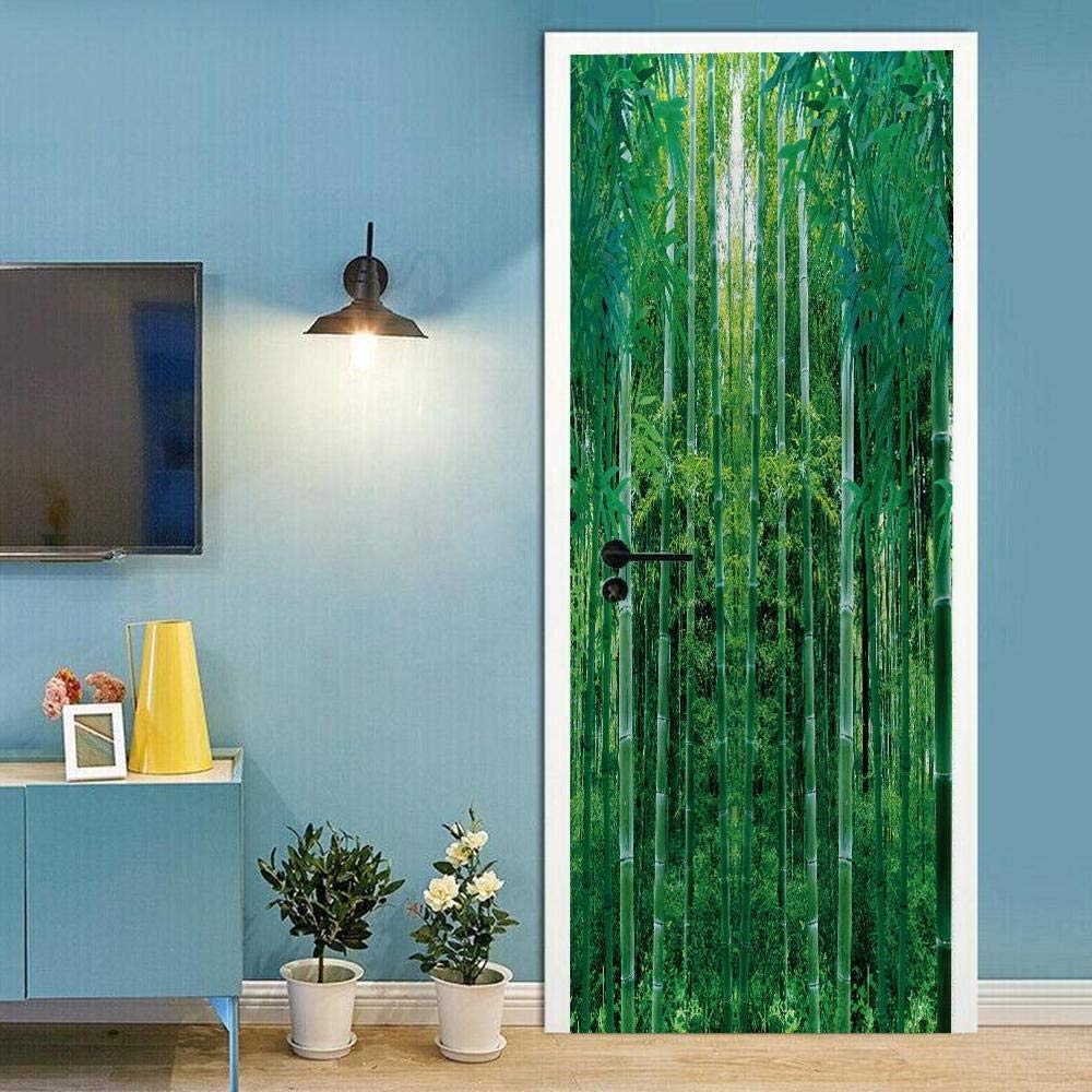 Sticker Porte Trompe-l'œil 3D Feuilles De Bambou - 77x200 Cm - Auto-adhésif PVC étanche - Pour Salon, Chambre - Design Moderne A-5748