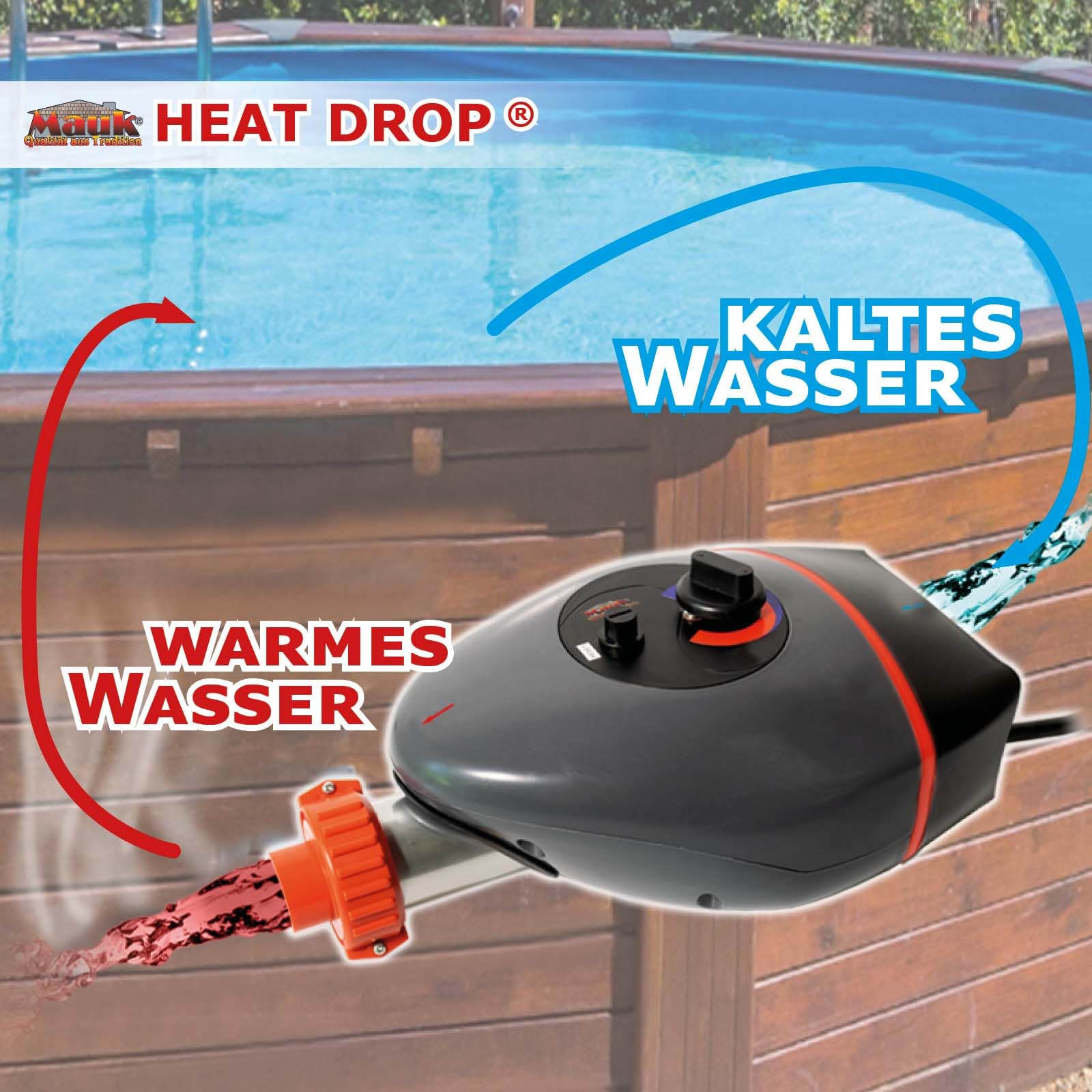 Mauk® Pool & Schwimmbad Heizer Heat Drop® elektrische Poolheizung bis 40 °C - 6-8 °C/Std | 3000 Watt + Fehlerstromschutzschalter & Thermostat | Poolheizer Komplettset