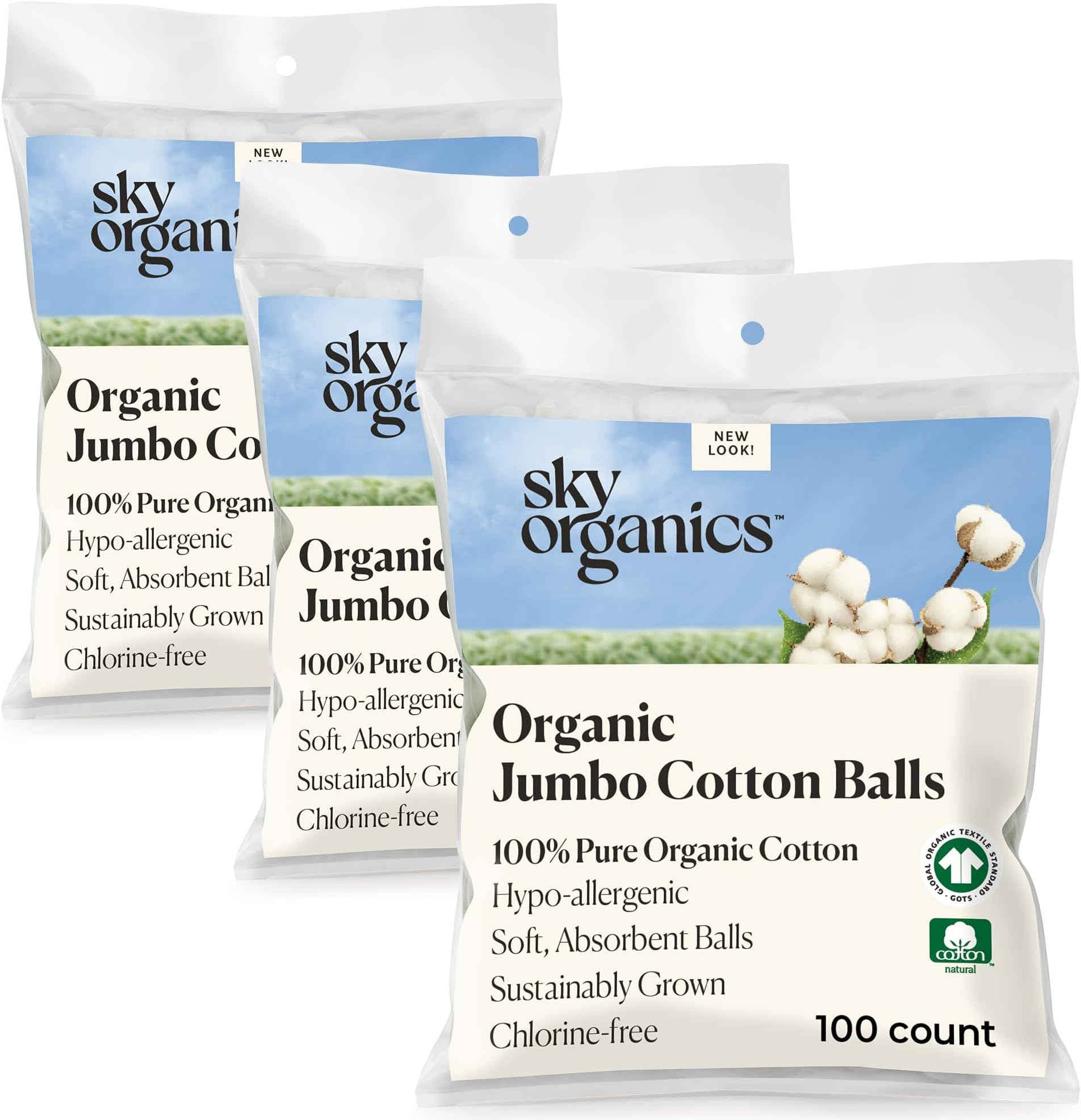 Organic Jumbo Cotton Balls for Sensitive Skin, 100% Pure Organic Cotton Sustainably Grown, Chlorine Free, Hypoallergenic, Ultra-Soft and Absorbant for Beauty&Personal Care, 300 ct