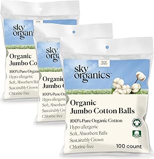 Sky Organics Organic Jumbo Cotton Balls for Sensitive Skin, 100% Pure Organic Cotton Sustainably Grown, Chlorine Free, Hypoallergenic, Ultra-Soft and Absorbant for Beauty&Personal Care, 300 ct