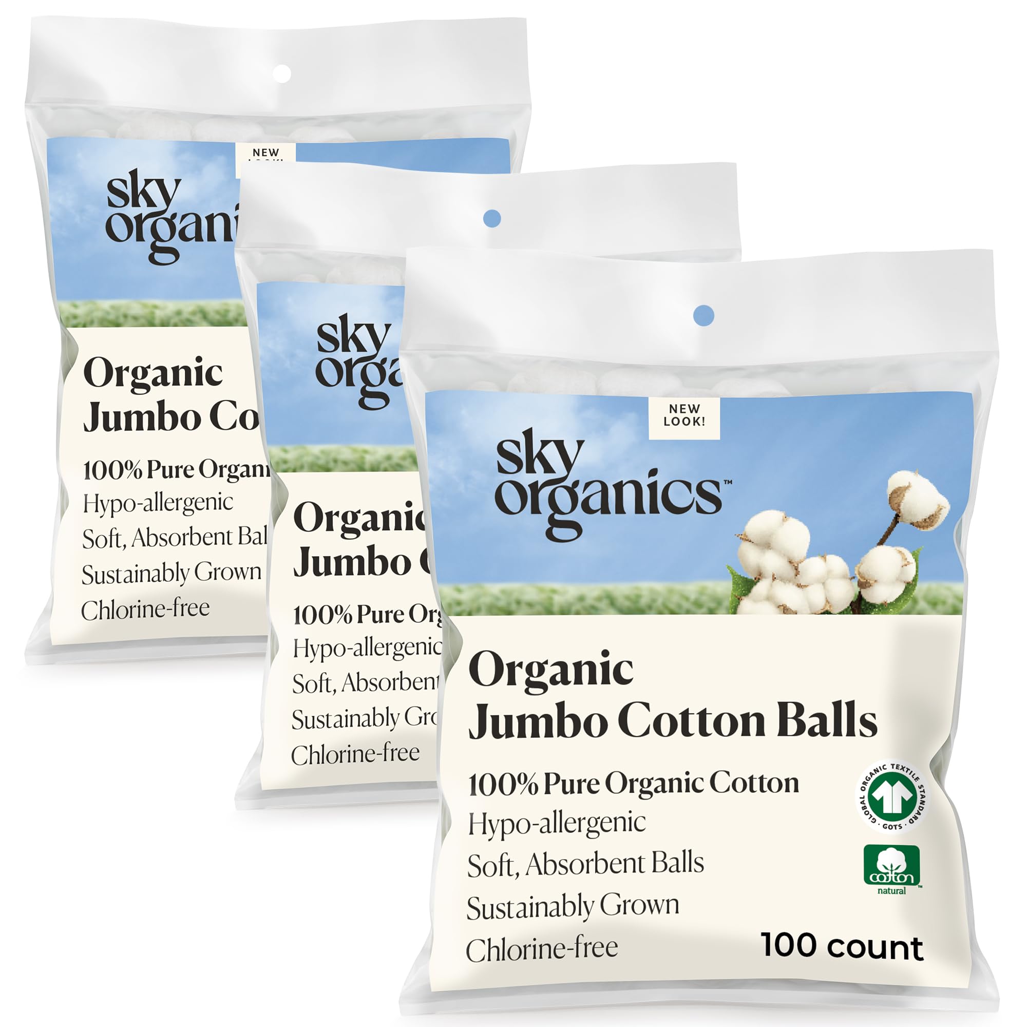 Sky Organics Organic Jumbo Cotton Balls for Sensitive Skin, 100% Pure GOTS Certified Organic for Beauty & Personal Care (300 Count)