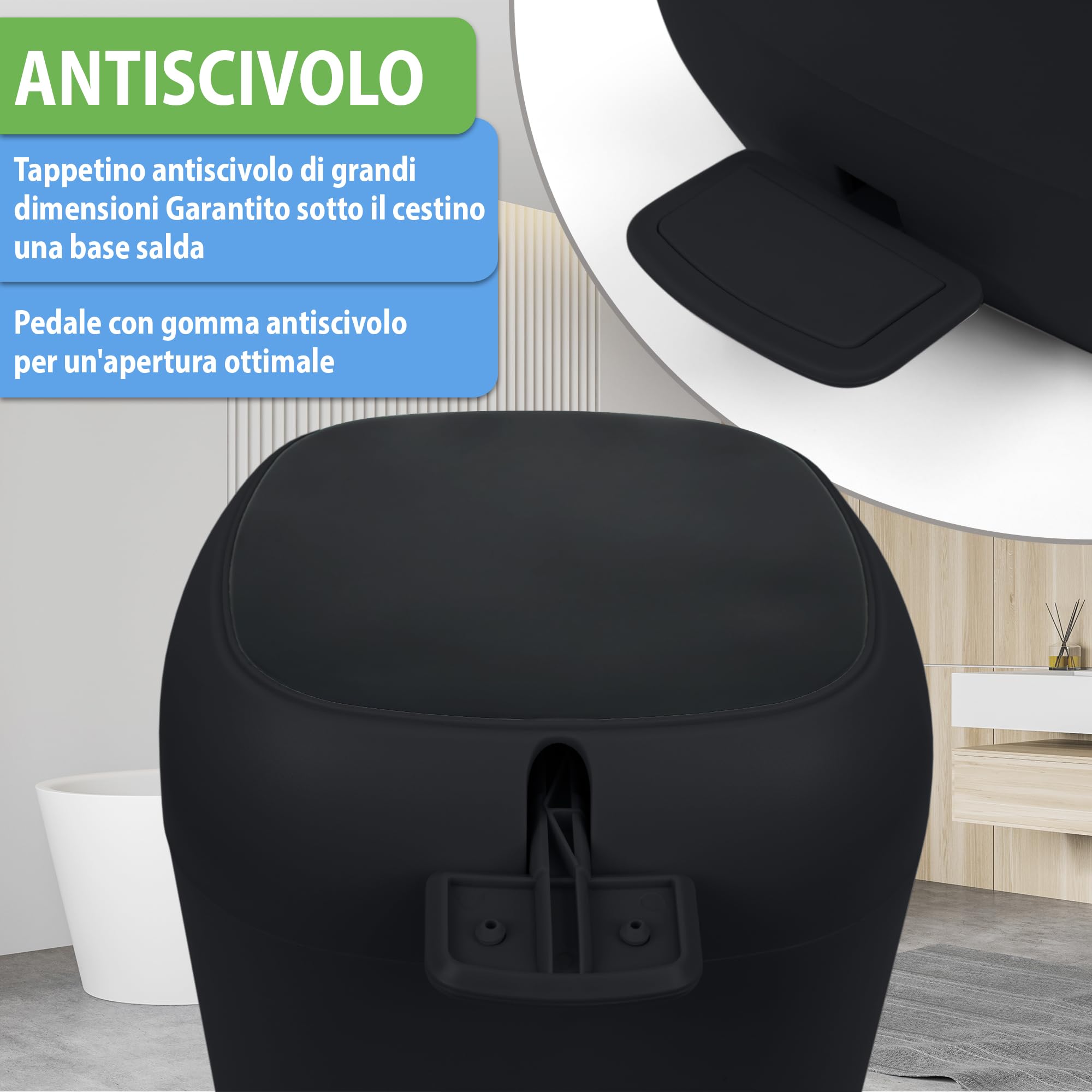YourCasa Pattumiera da bagno 5 L con coperchio e chiusura morbida nero