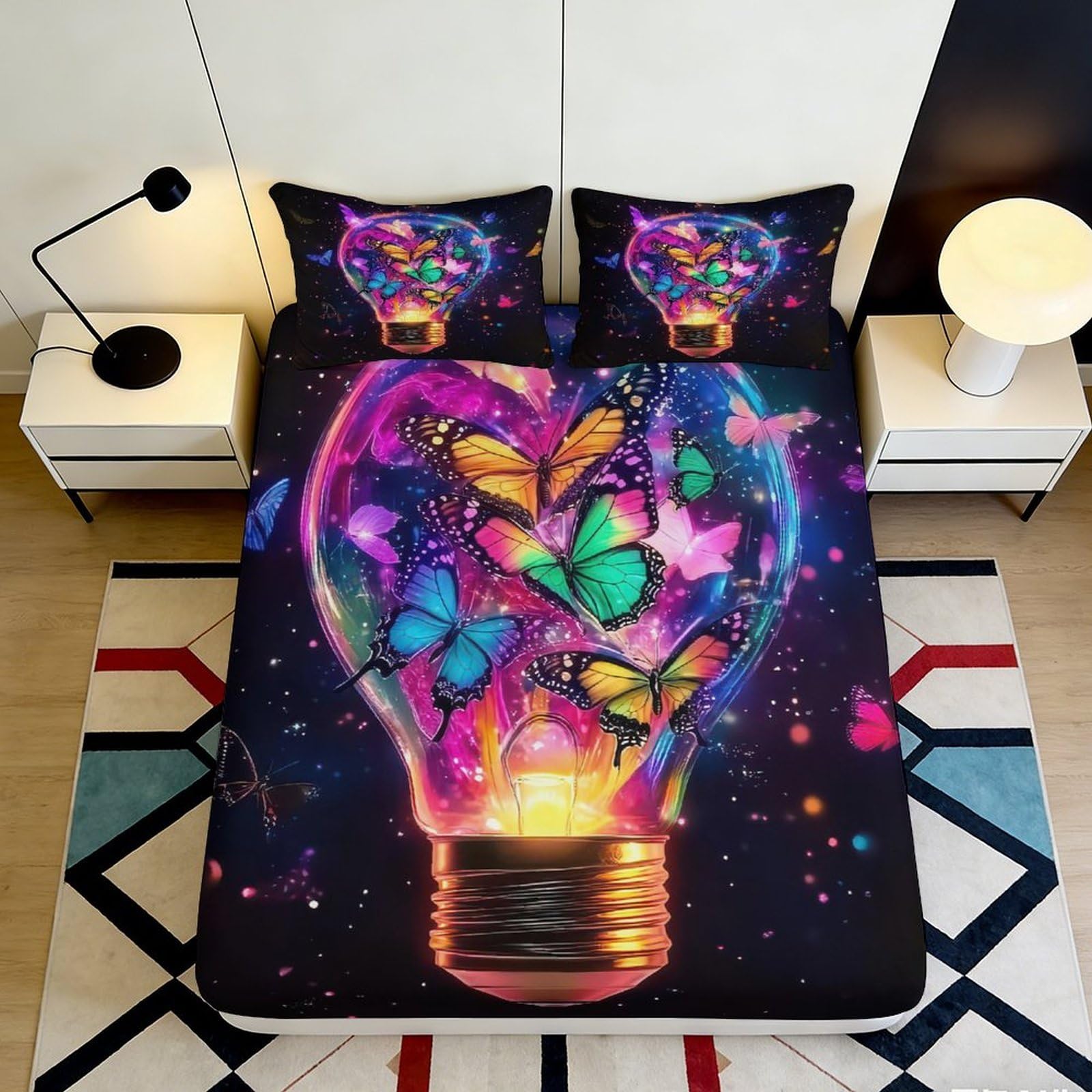3D Printed Butterfly Light Fitted Sheet Microfiber Colourful Bedroom Decor Artistic Mattress Cover for Home Dorm 90x200x25cm