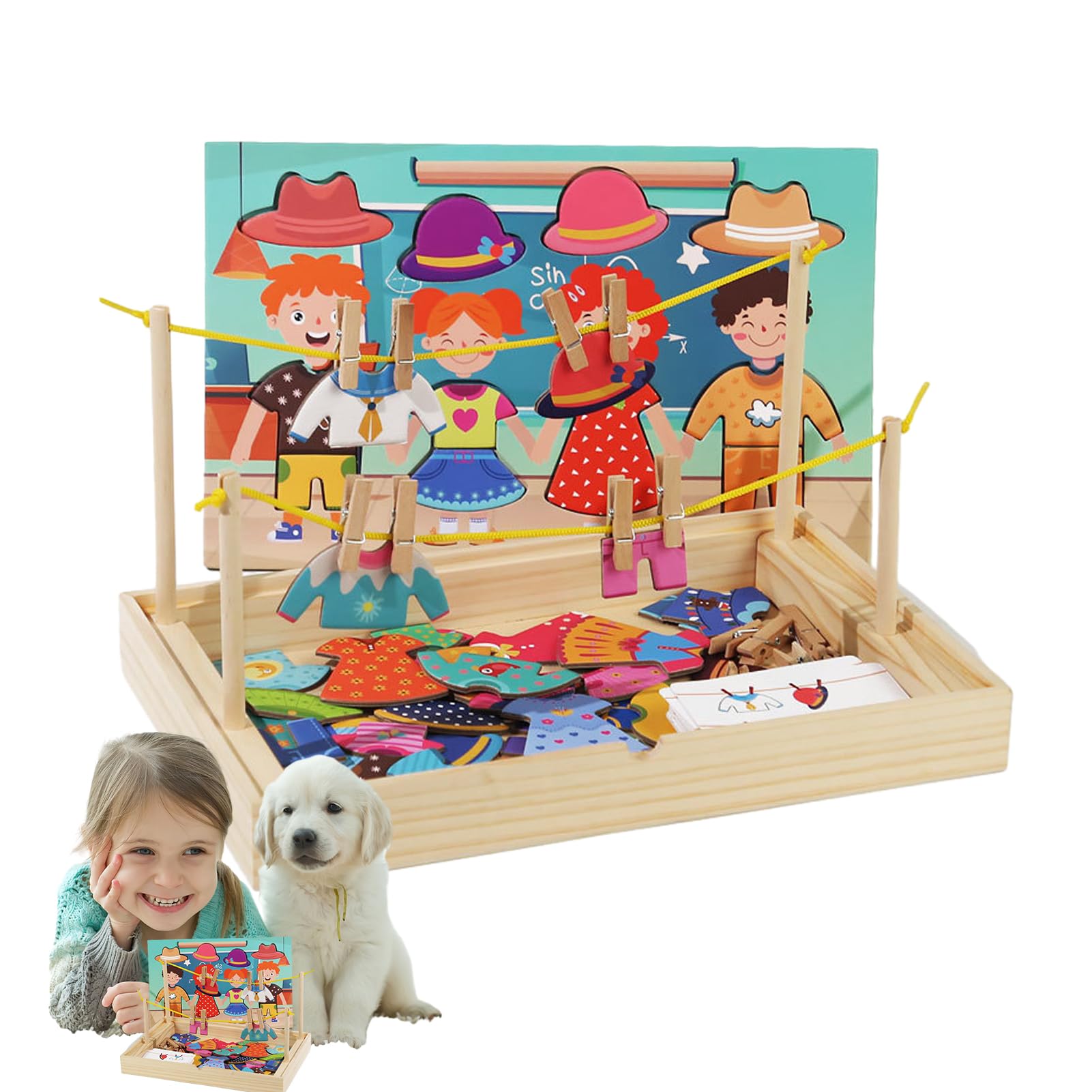 DASHIELL Puzzles en Bois pour Tout-Petits, Jeu d'association pour | Étendoir à Linge, matériel didactique pour l'habillement - de Puzzle d'habillage, de Changement de vêtements,